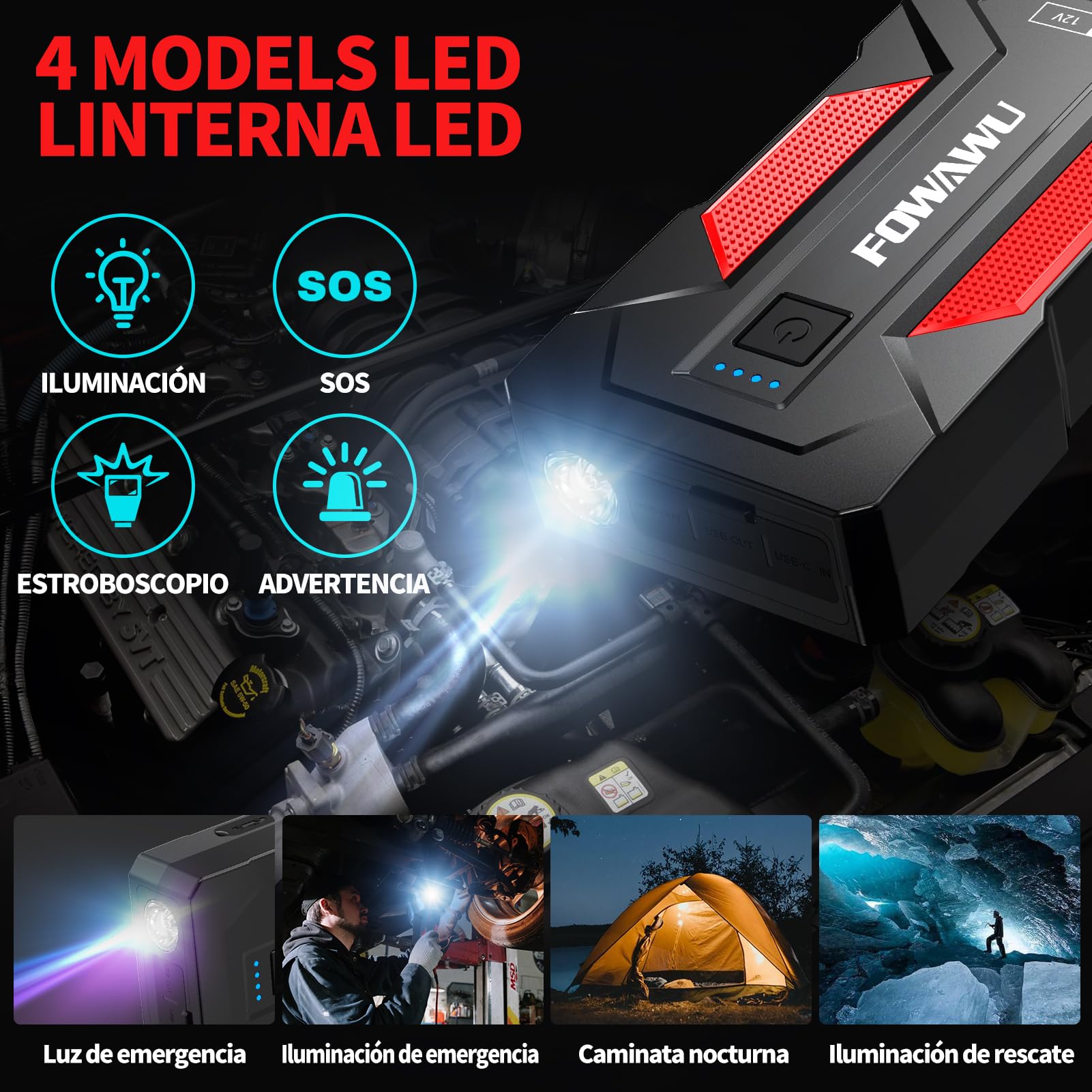 FOWAWU Arrancador de Coches 6000A 22800mAh Arrancador de Baterias de Coche Portátil para Motor 9,5L Gasolina o 7,5L Diesel con luz LED y 2 Puertos USB de Carga rápida