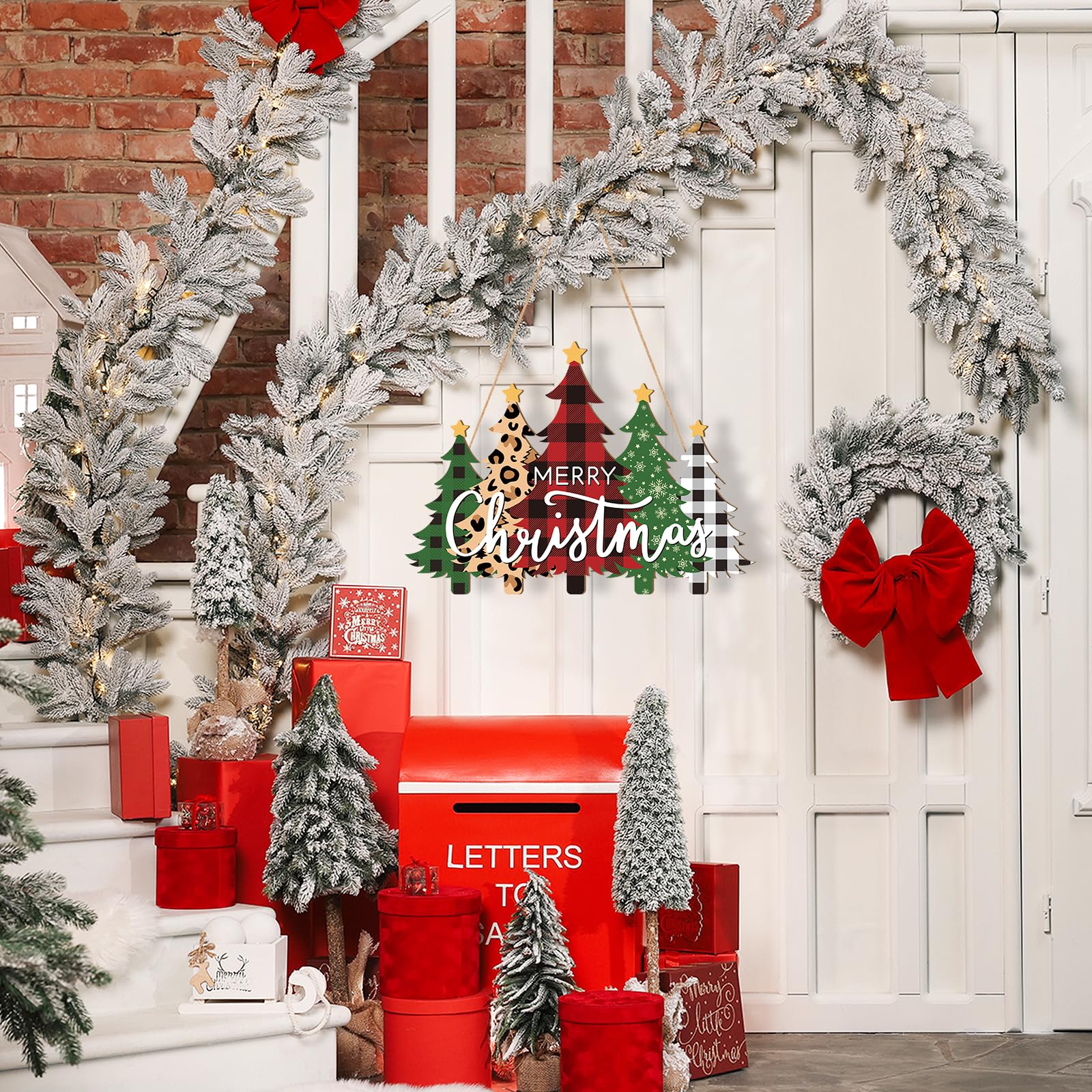 Sophena Decoración navideña de madera para el hogar, pancarta de feliz Navidad, telón de fondo para puerta delantera, decoración de coronas de Navidad, decoración de puerta y pared