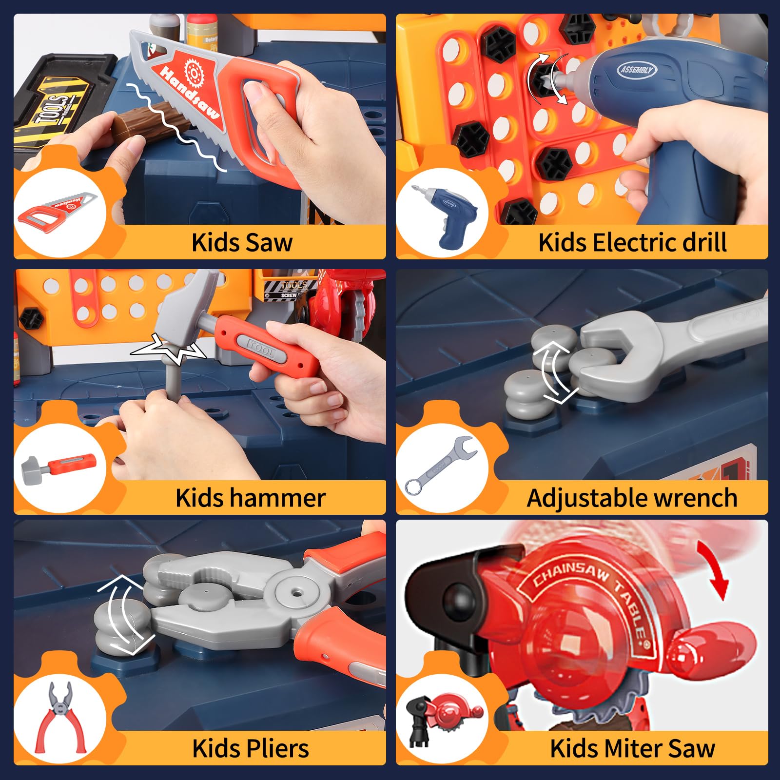 JOVOW Banco de trabajo para niños, 68 piezas, maletín de herramientas transformable, juego de herramientas con taladro simulado, caja de herramientas para niños, juego de rol, juego educativo, regalo