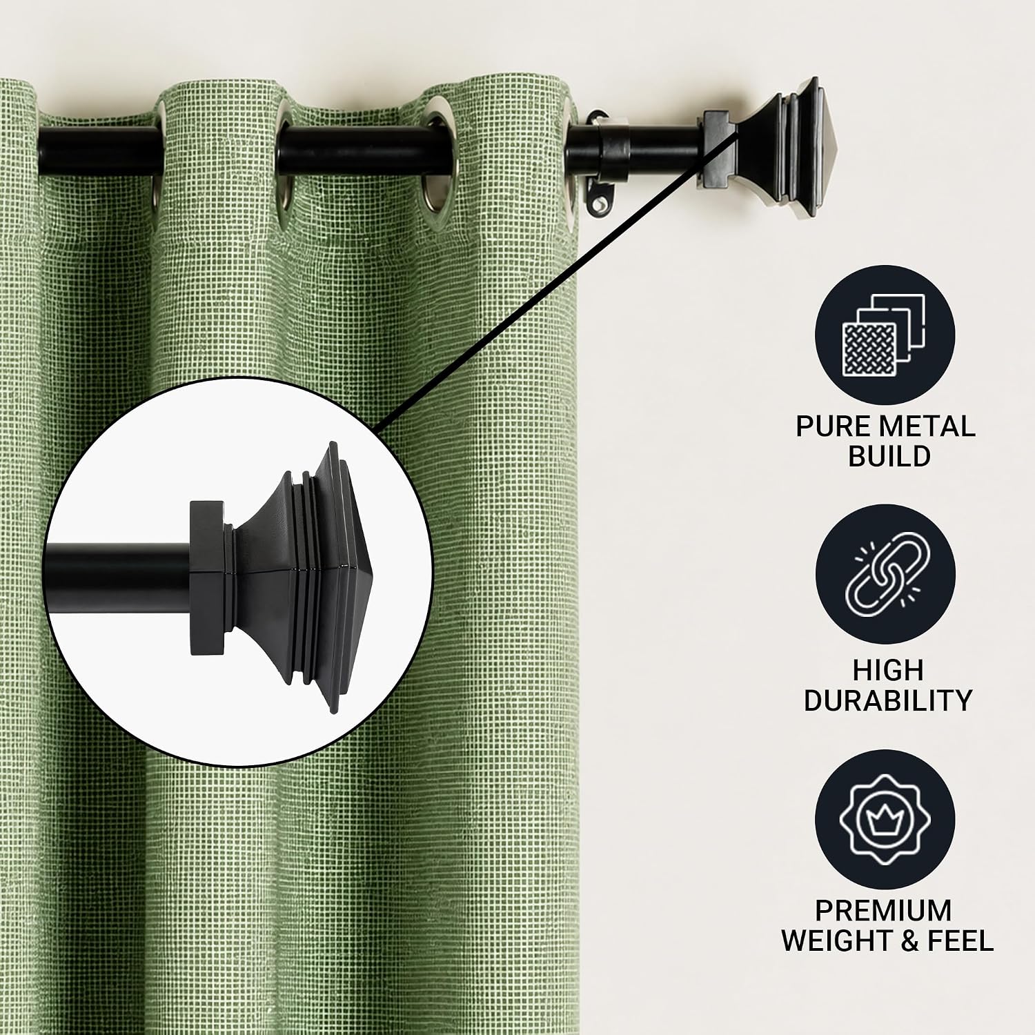 DECO WINDOW Curtain Rods for Windows 18 – 44 Inch, 1 Inch Heavy Duty Extendable Metal Drapery Rod, Adjustable Curtain Rod with Decorative Staked Square Finials for Living Room Bedroom, Black Matt