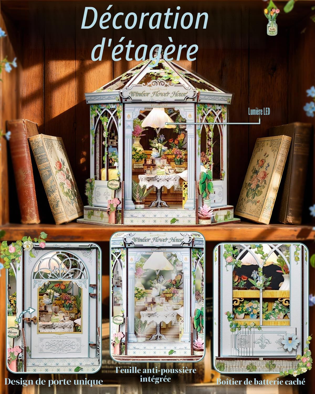 CUTEBEE Book Nook Puzzle 3D Rétro Européen - Kit à Assembler Maison de Poupée Jardin d'hiver, Décoration de Bibliothèque & Cadeau pour Adultes et Adolescents (Windsor Flower House)