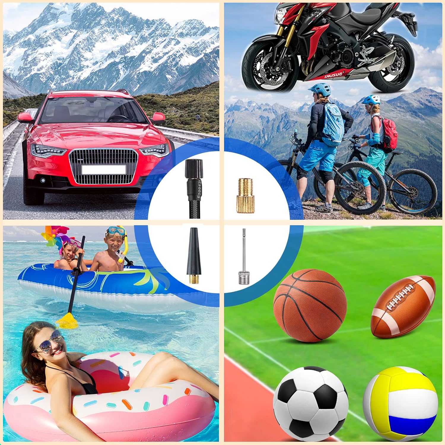 Various items being inflated by the Neakhmer Portable Air Compressor, including car tires, motorcycle tires, bicycle tires, swimming rings, and sports balls.