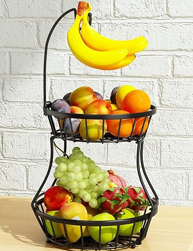 Cesta de frutas de 2 niveles apilable para almacenamiento de verduras con soporte de árbol de plátano para encimera de cocina, canasta de alambre de