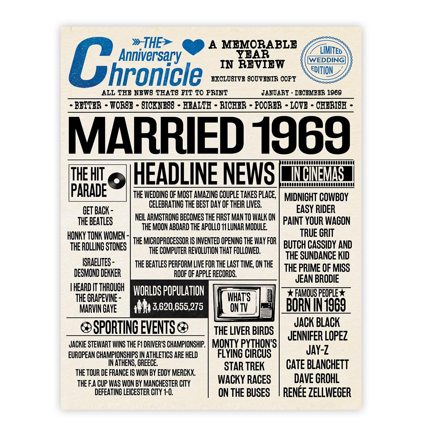Stuff4 Men's 1969 57Th Anniversary Poster Unframed - Married In Newspaper - Happy 57Th Wedding Anniversary For Wo Vintage Gifts Retro Back In 8X10 Inch Anniversaries Posters