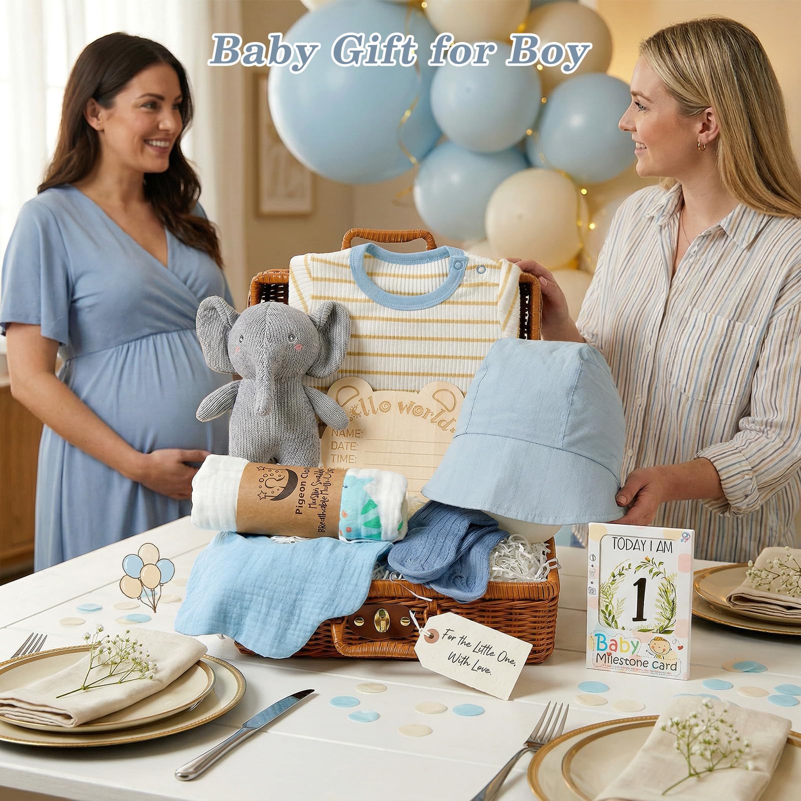 Regalo Nascita Bimbo con Body, Peluche Elefante, Mussola, Bavaglino, Cappello, Calzini, Cesto in Bambù Intrecciato, Set Regalo Neonato Nascita Regalo Baby Shower Bimbo (Cesto in Bambù)