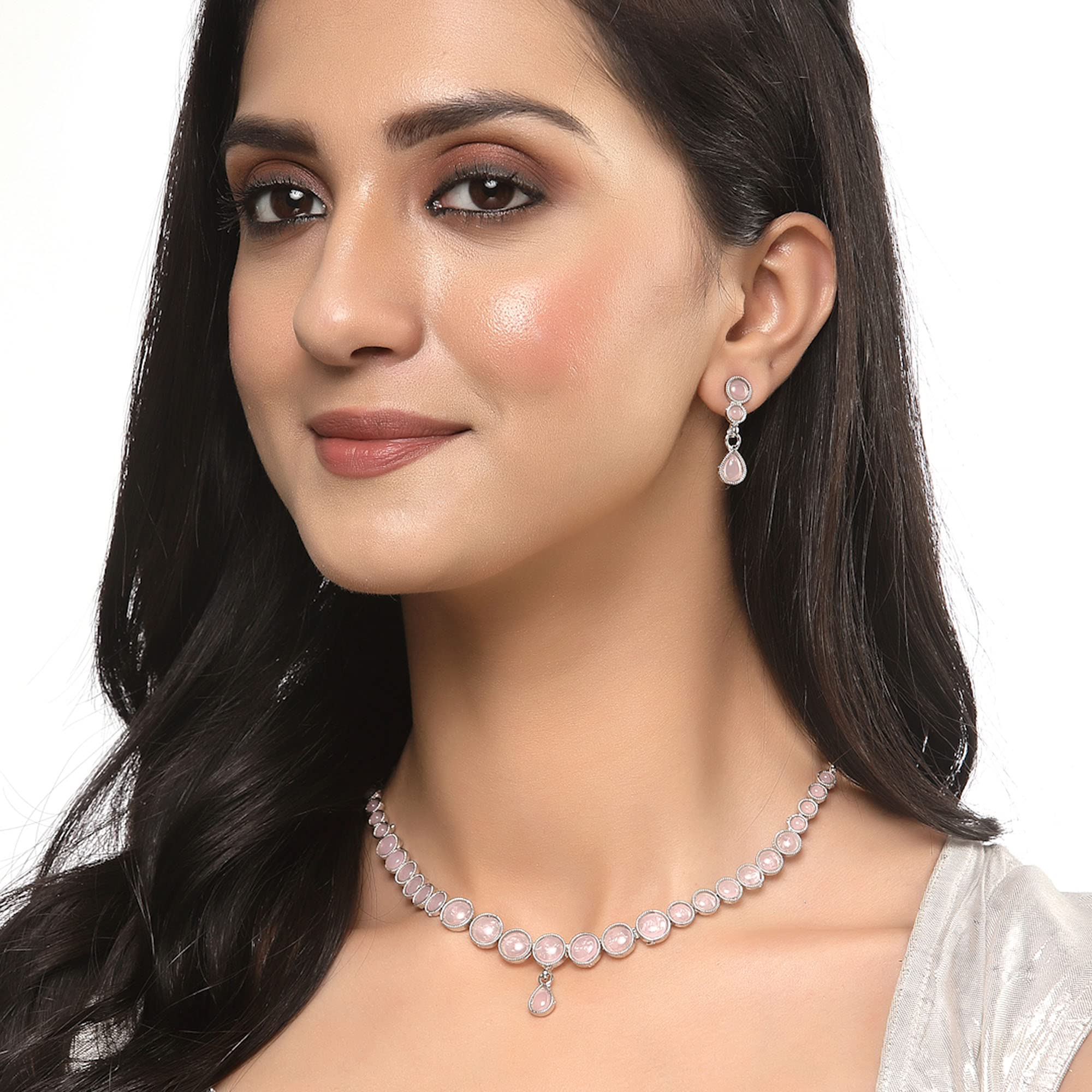 Oxidised Silver-Plated Round American Diamond Necklace Set