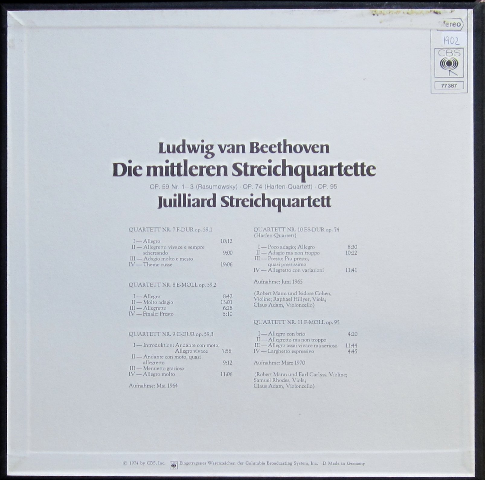 Beethoven Die mittleren Streichquartette op. 59 Nr. 1-3, op. 74, op. 95. Aufnahme 1964. 3 Vinyl LP Box