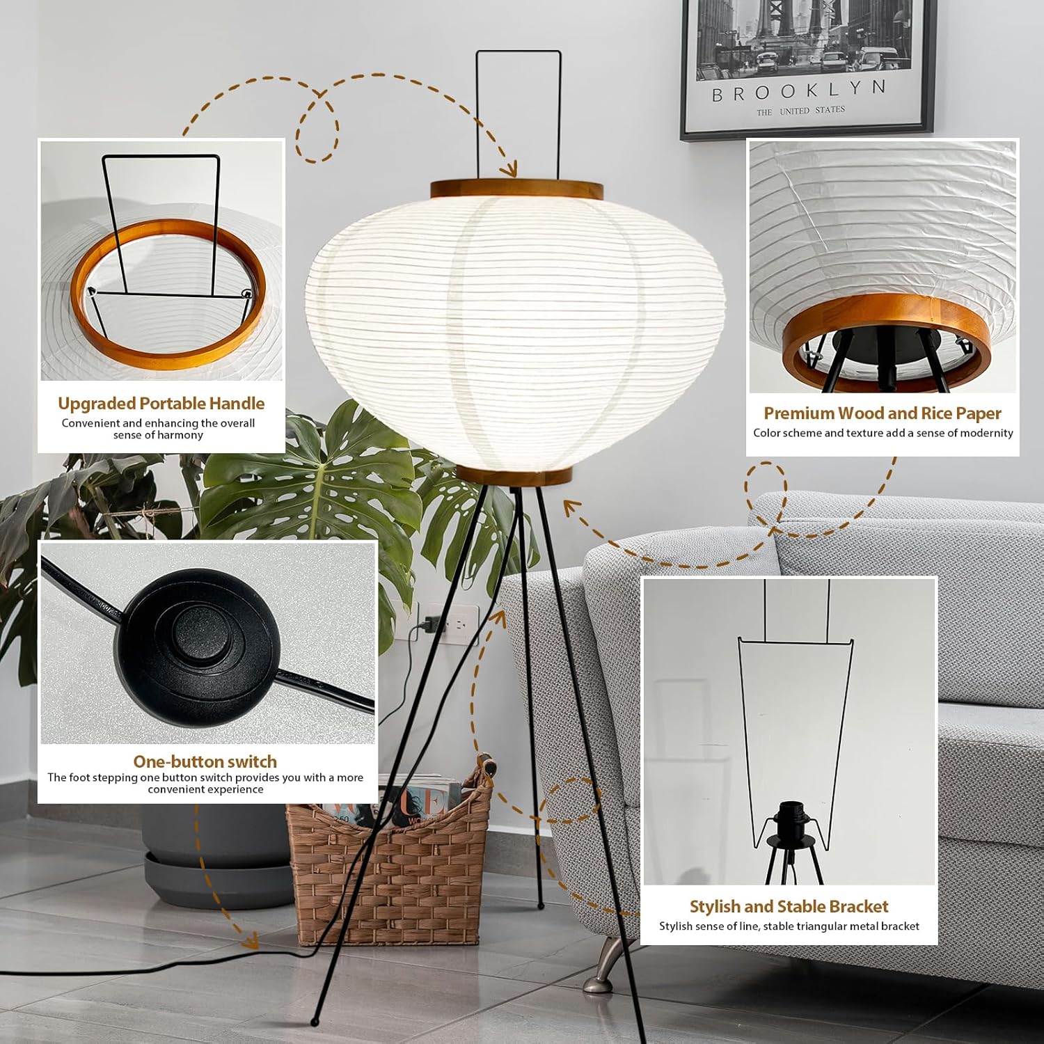 Noguchi Floor Lamp, Rice Paper Akari Floor Lamp, Lantern Lamp with Washi Paper Shade, Ideal for Bedside, Living Room, and Japandi Décor