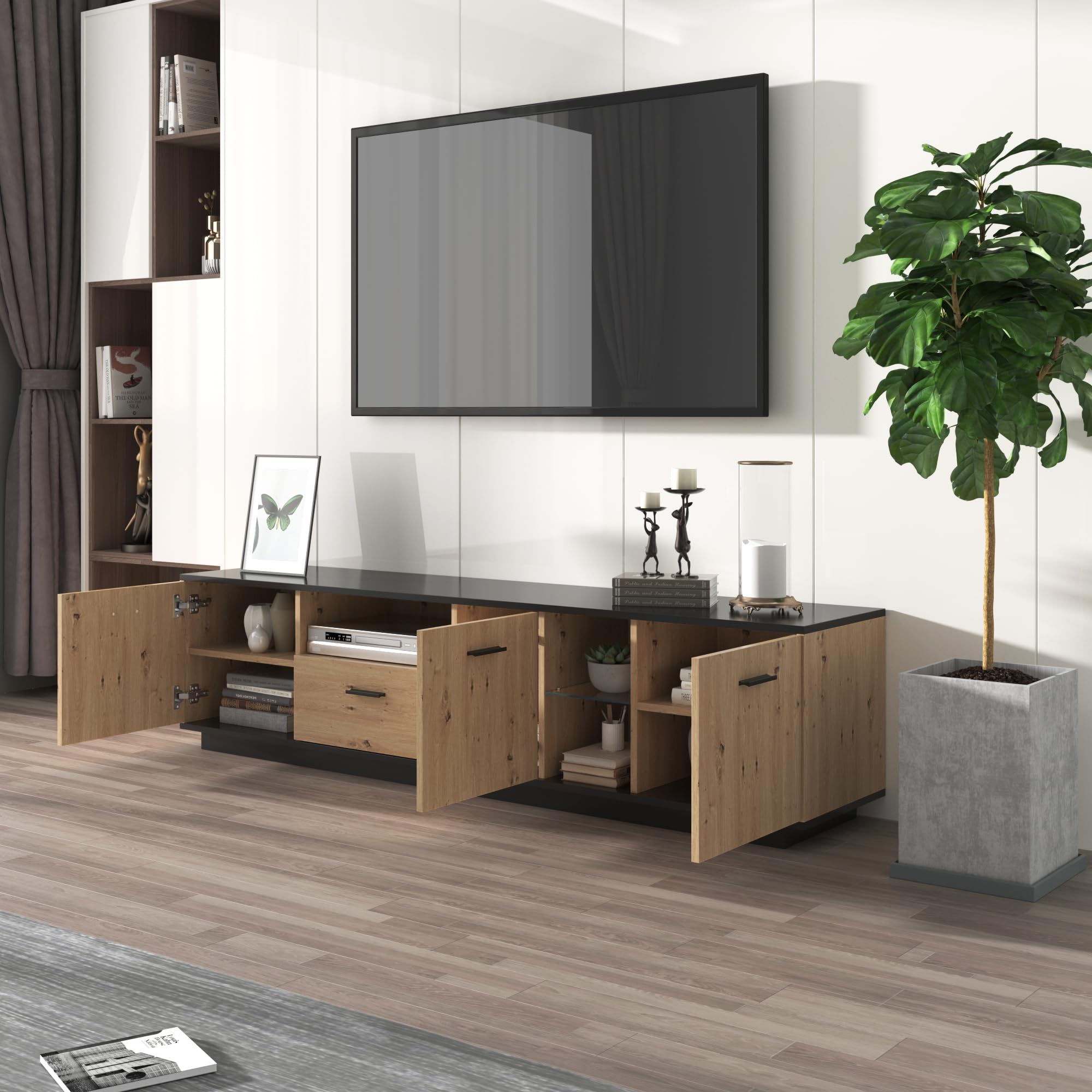 Meuble TV Blanc Brillant Avec Portes Et Tiroir - 170 Cm, Design Moderne, Rangement Spacieux