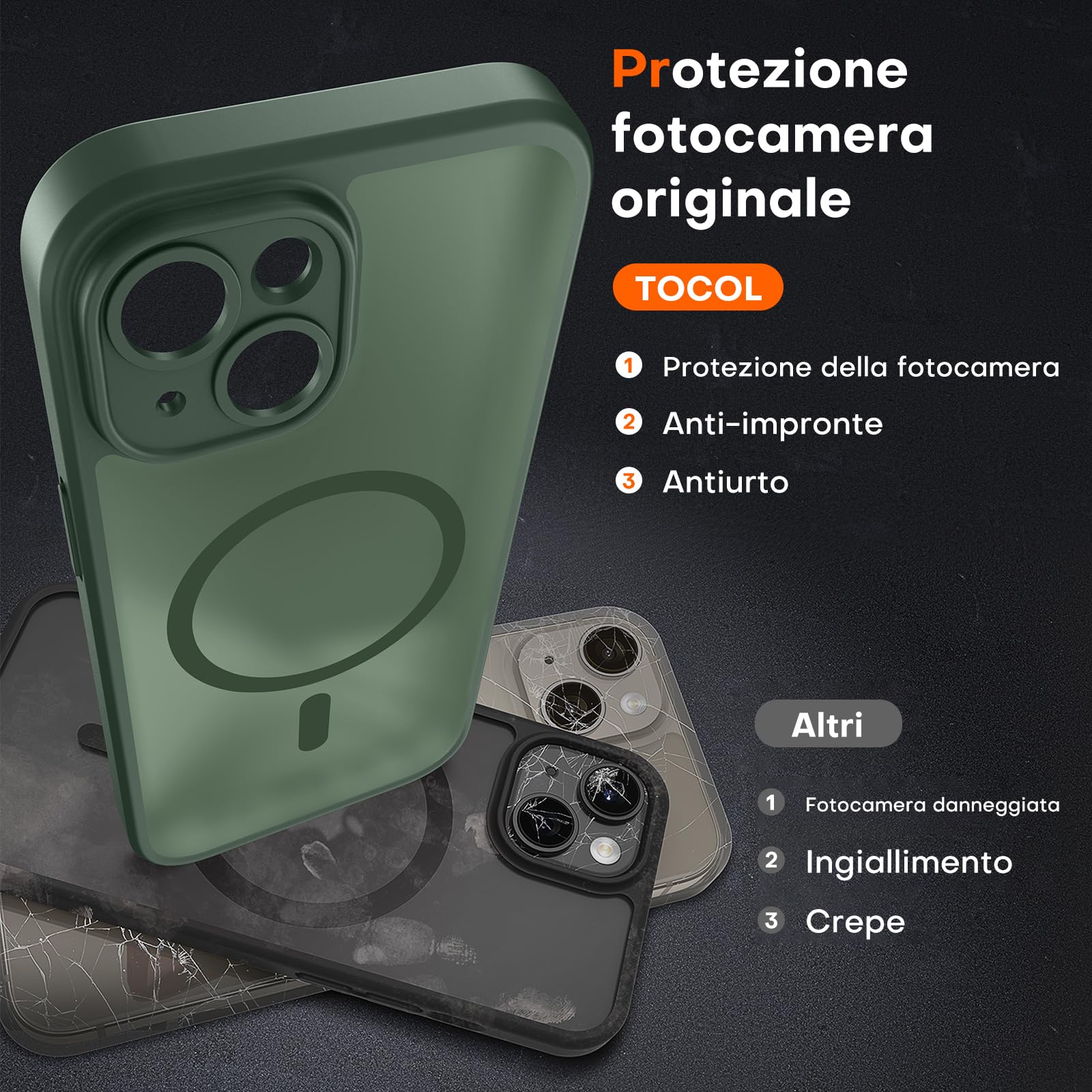 TOCOL Cover Magnetica per iPhone 14 6,1 Pollic, Compatibile con MagSafe, Protezione Fotocamera Integrata, Custodia Antiurto Traslucida Opaca, Verde Alpino