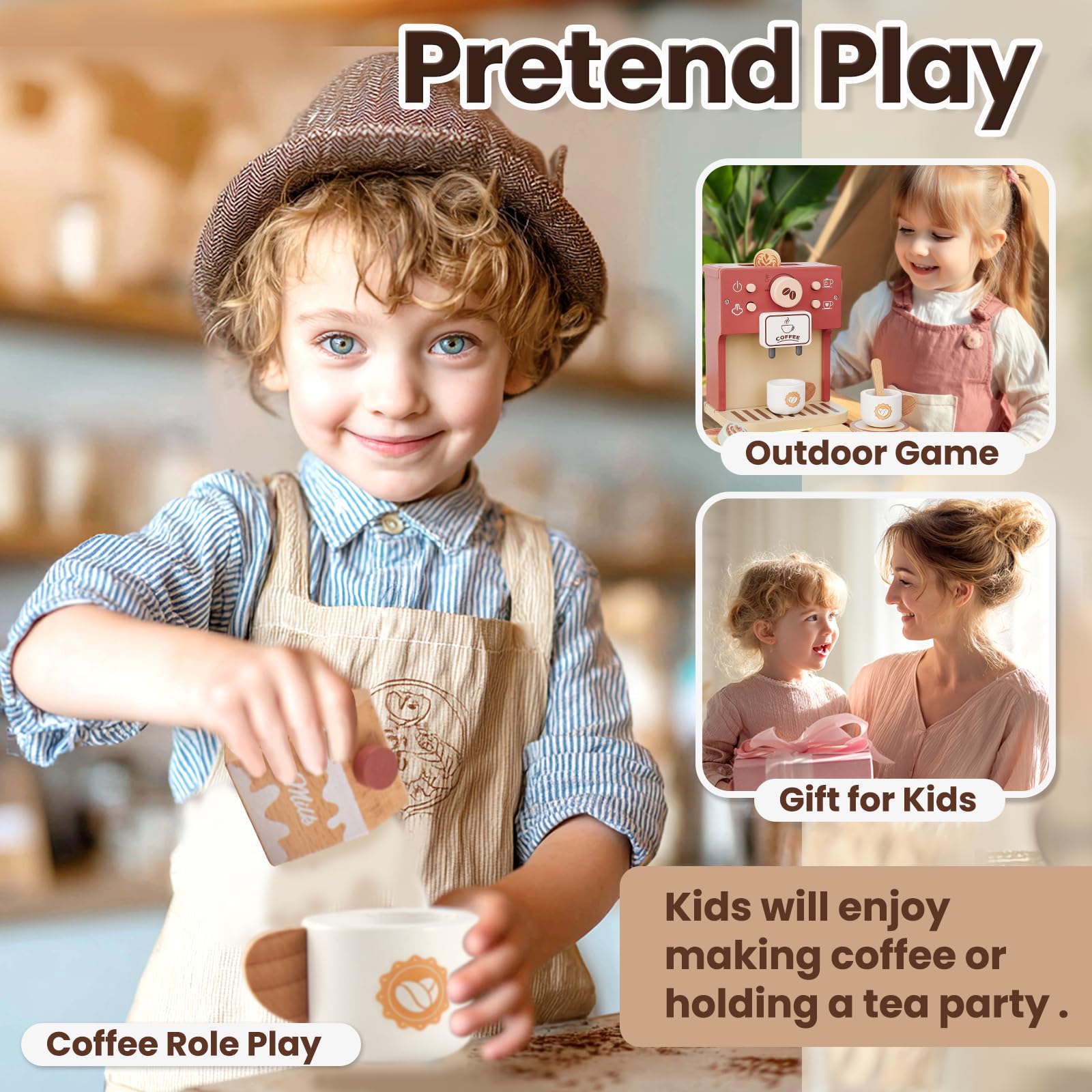 BUYGER Cafetiere Enfant en Bois pour Garçon Fille 3+ Ans, Accessoire Dinettes Cuisine, Machine à Café Jouet de Cuisine Enfant Cadeau de Jeu de Rôle Éducatif pour Garcon Fille