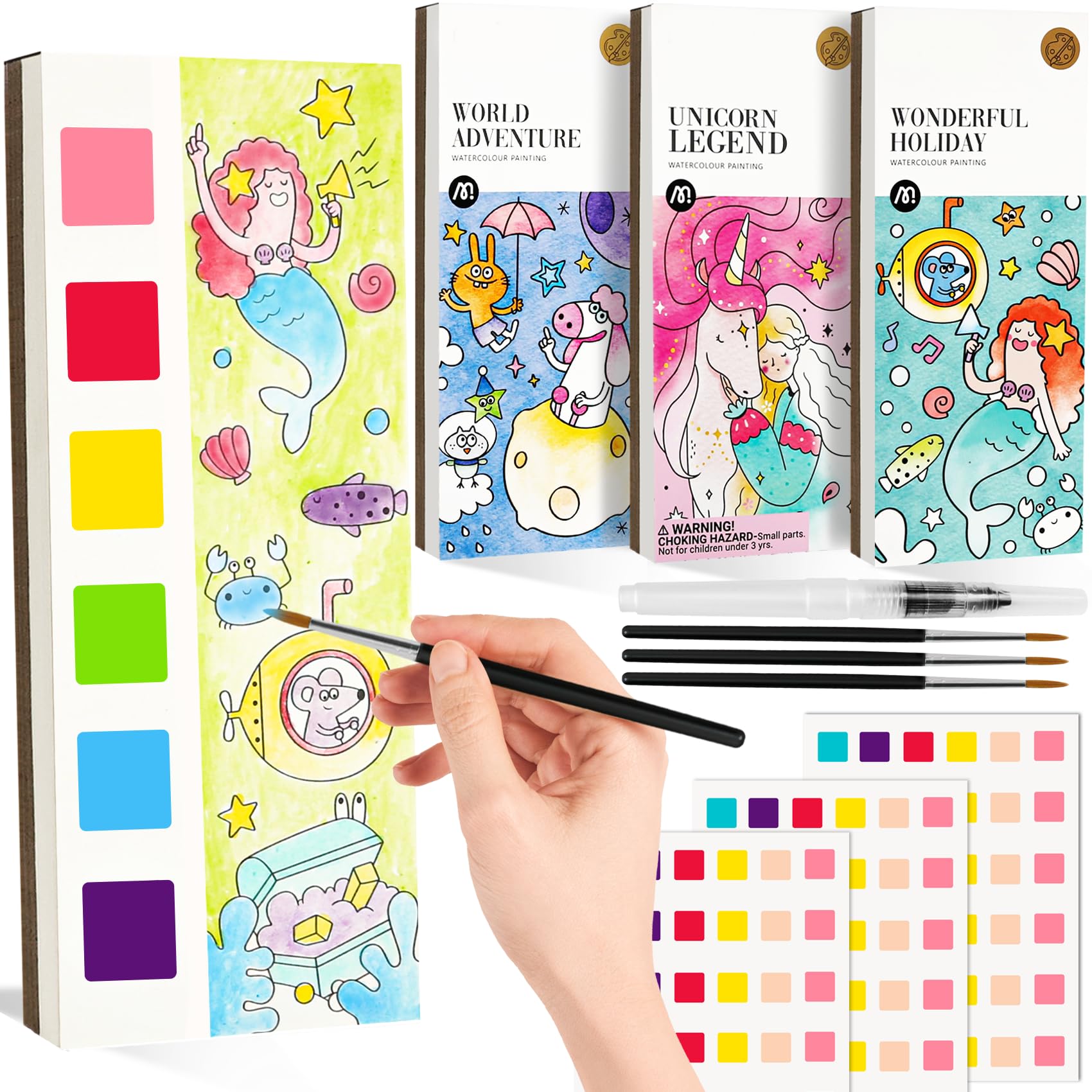 Watercolor Painting Coloring Books Arts & Crafts Kit, Pocket Watercolor Paint Bookmarks, Mess Free Paint with Water Set, Travel Activities Art Supplies Party Favors Exchange Birthday Gifts for Kids
