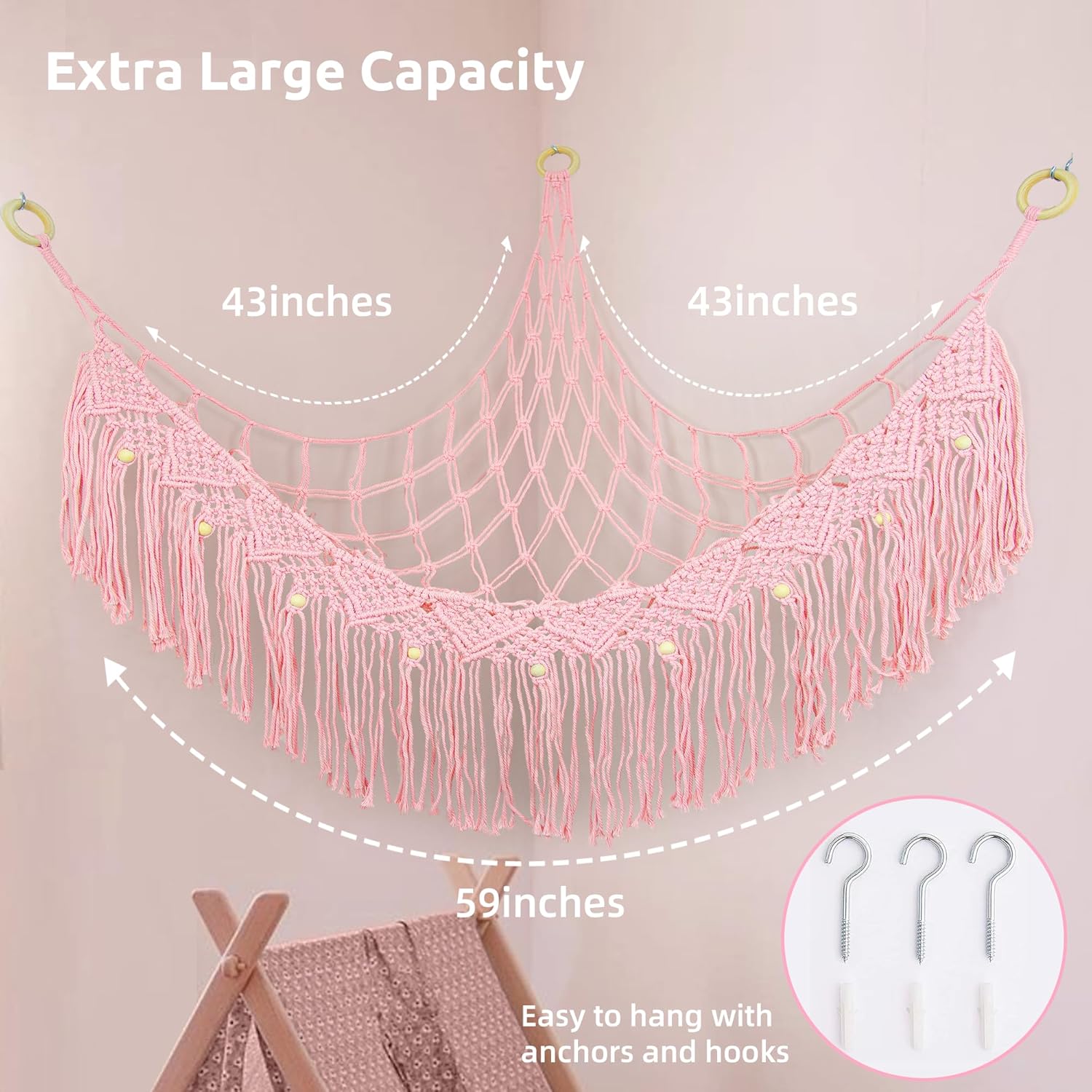 Large Stuffed Animal Hammock, Stuffed Animal Storage Toy Hammock Net for Stuffed Animals Corner, Plushie Net Hammock Toy Organizer for Boho Playroom Baby Nursery Decor