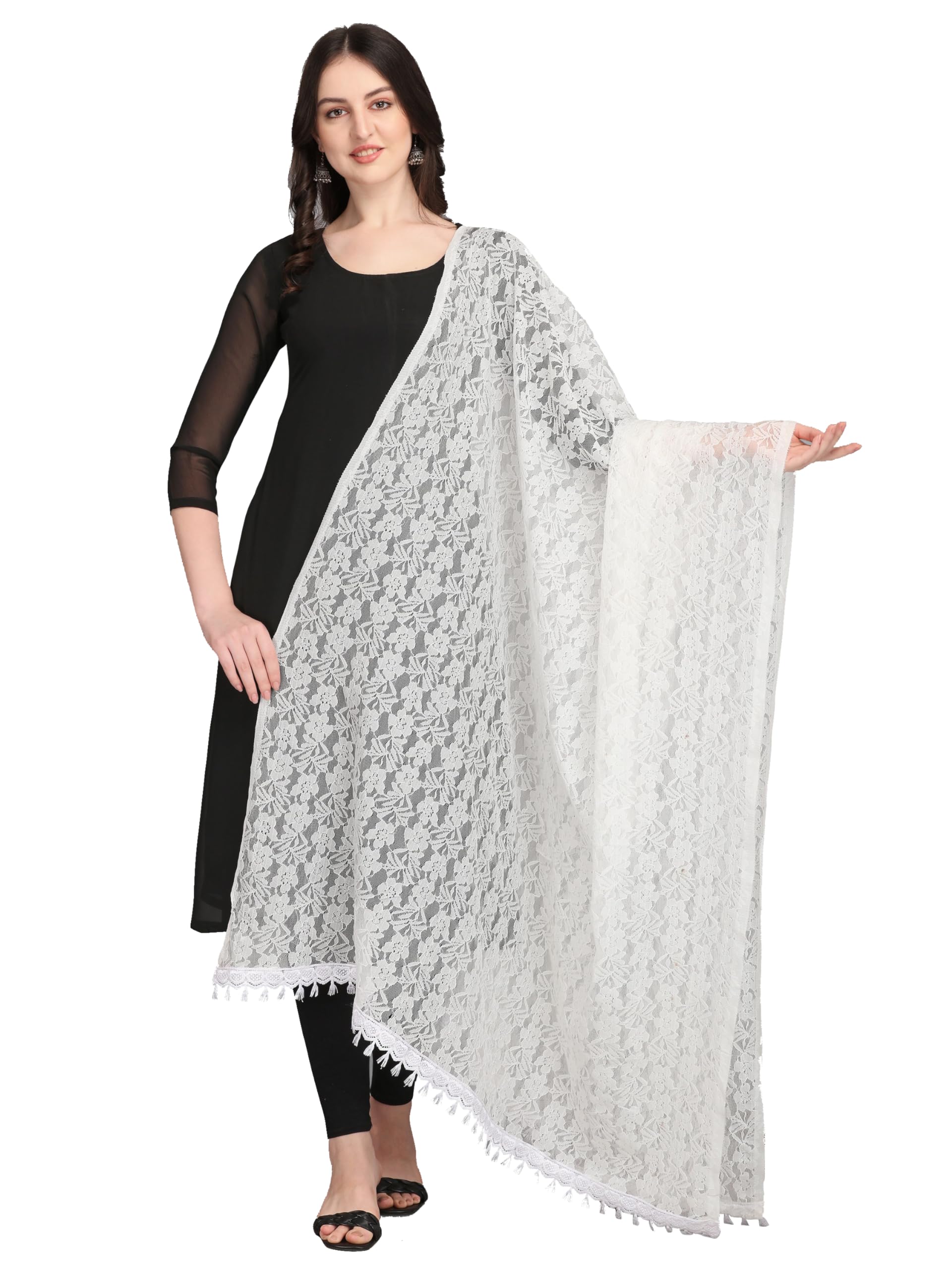 forkey Women's White Net Fabric Dupatta with Lace Detailing, Perfect for Enhancing Traditional and Festive Outfits (Color : White)-picture-13