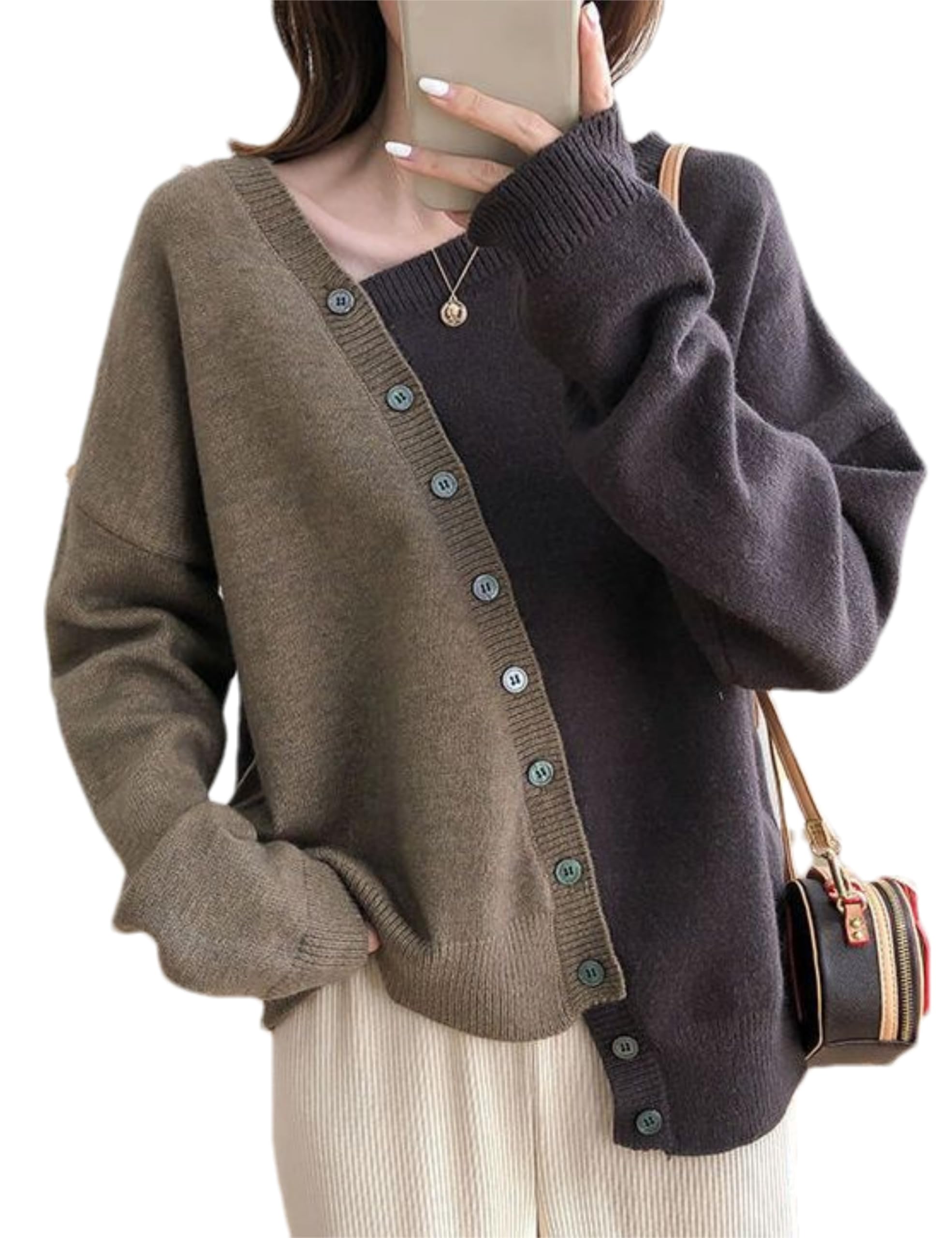 Womens Asymmetric Color Block Knit Sweater Casual Chic V-Neck Long Sleeve Button-Down Pullover Office Wear