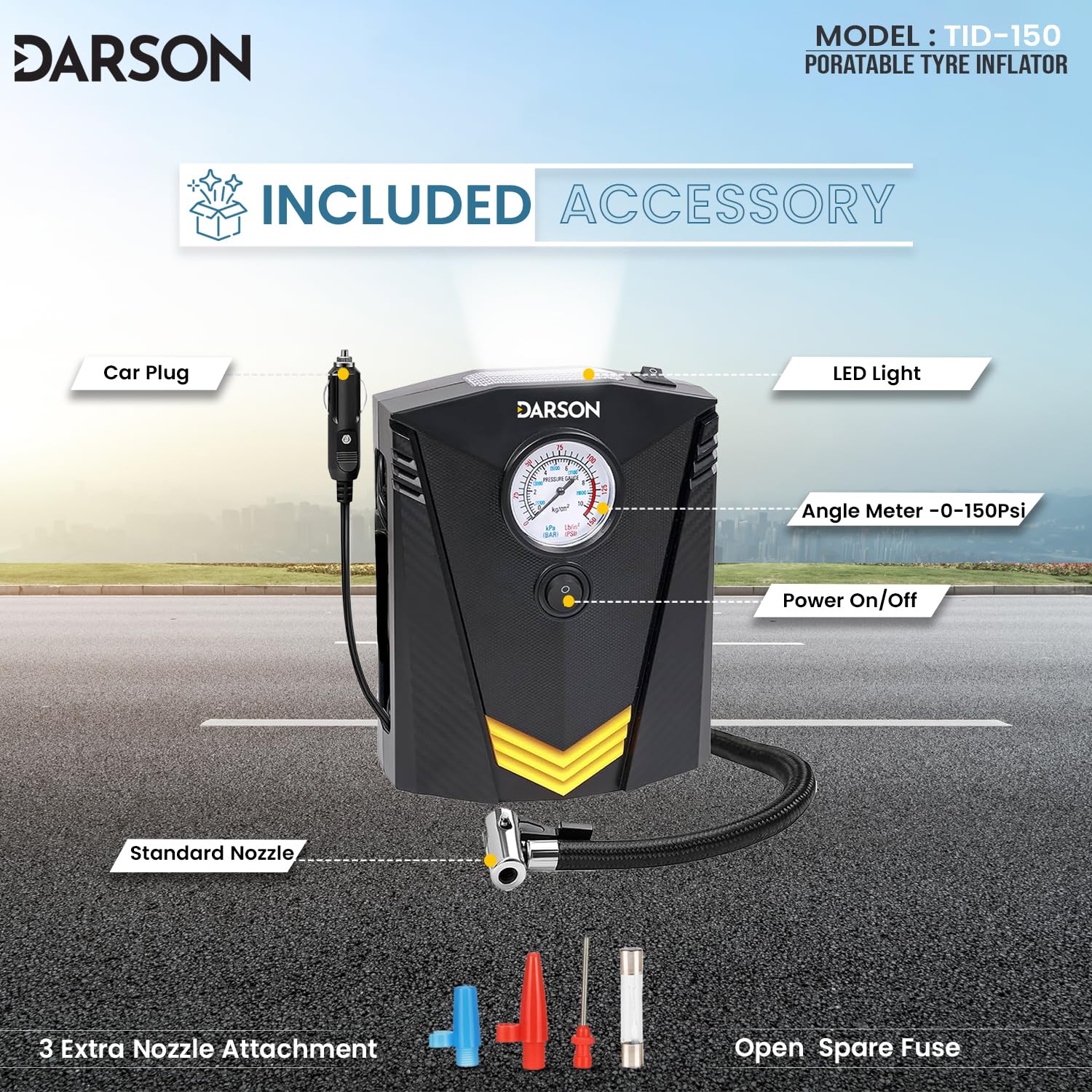 Darson TID-150 Tyre Inflator for Car - Mini Air Compressor - Fast Inflation Speed air inflator for car - 12V Car Port and 150PSI Portable Air Compressor for Cars, Bike, Bicycle and Football 2