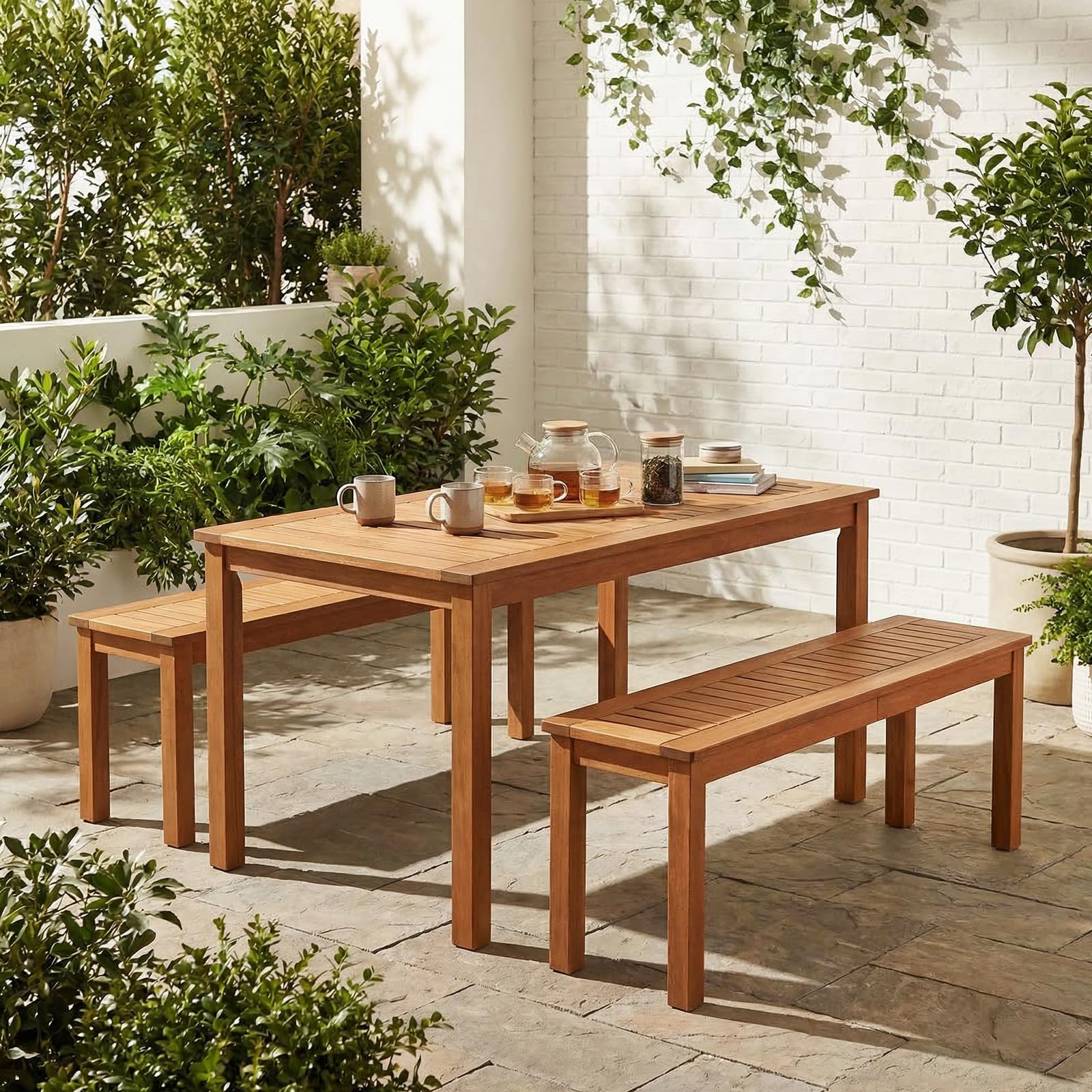 COSTWAY Gartenbank Holz Wetterfest, Sitzbank ohne Rückenlehne, 2-Sitzer Holzbank, Balkonbank aus Hartholz, Blumenbank für Garten, Balkon, Terrasse, 120 x 30,5 x 47 cm