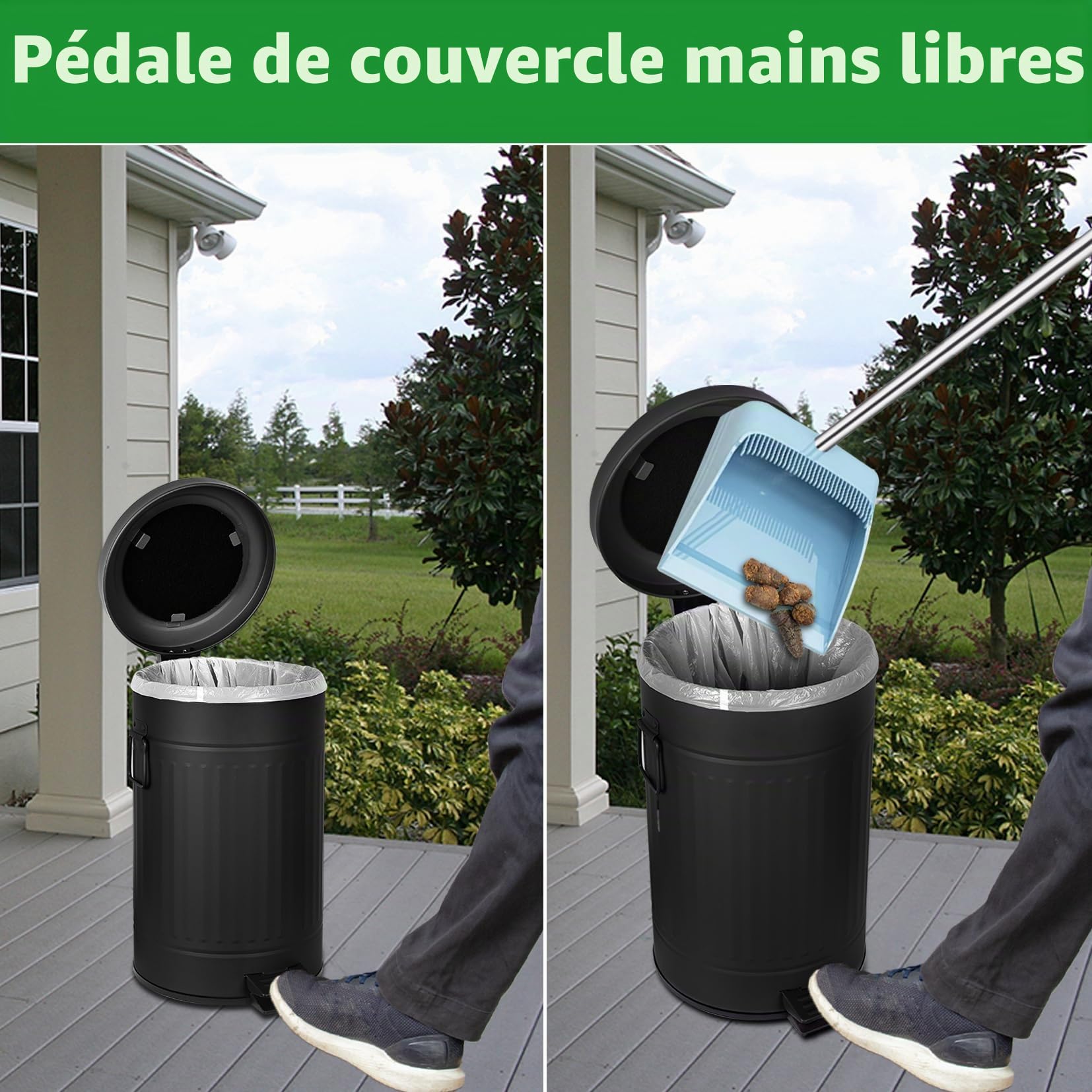 UP12L-BK-Y+90BK-New Poubelle à déjections canines avec couvercle pour l'extérieur avec filtre à charbon actif et sacs en plastique, 10 l