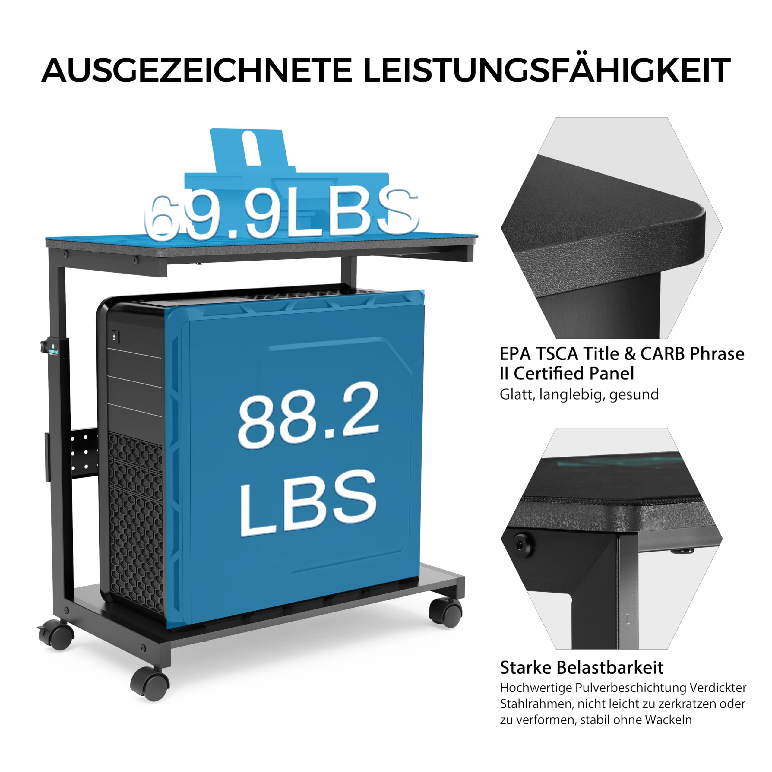 EUREKA ERGONOMIC Höhenverstellbarer Computer Tower Ständer, ATX-Gehäuse CPU Halter PC Ständer, unter Schreibtisch Drucker Cart mit Rollen und Maus Pad, Schwarz