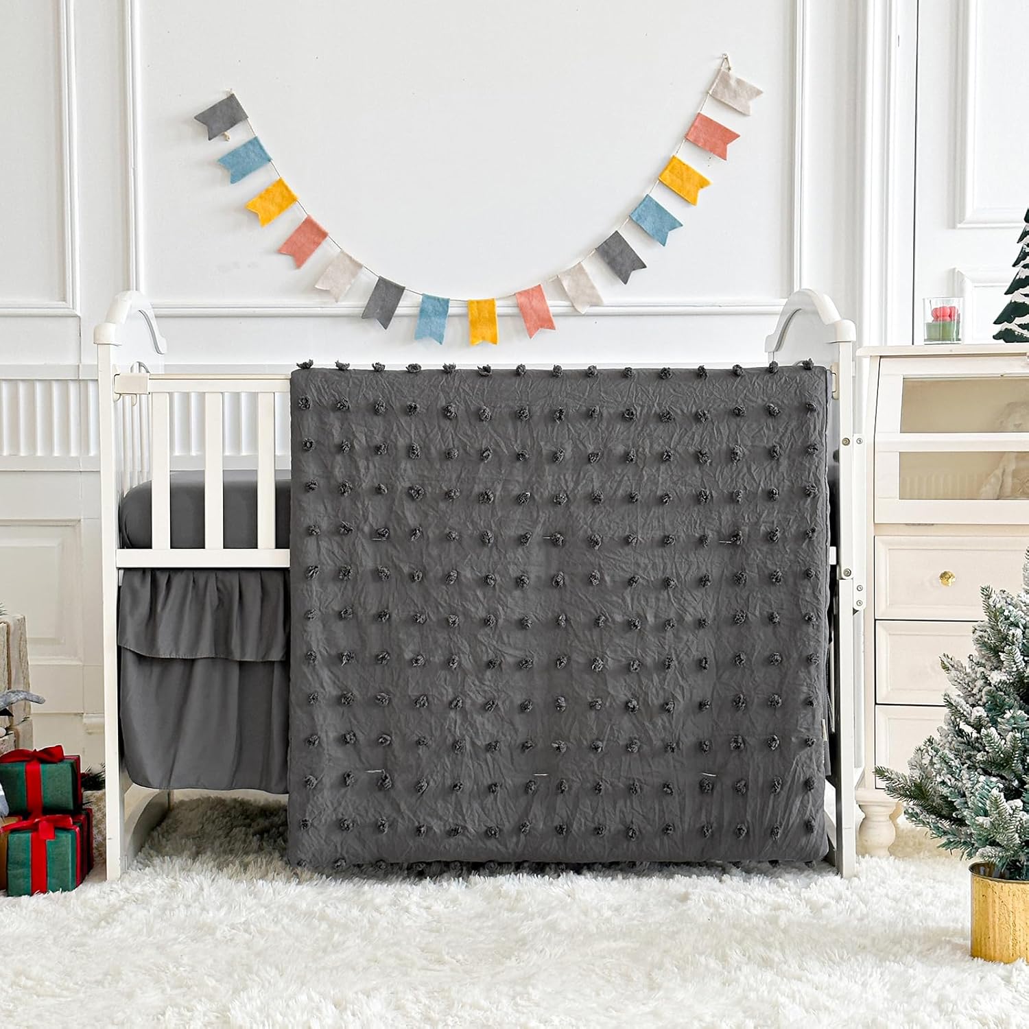Gray Crib Bedding Set Tufted Dots Jacquard Baby Winter