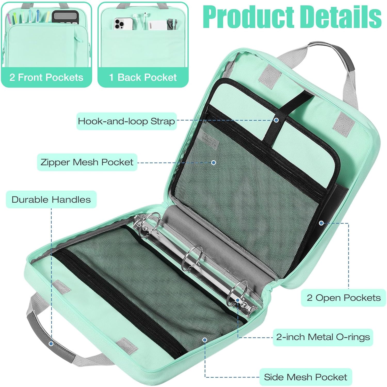 MoKo Zipper Binder, 2 Inch 3 Ring Binder with Zipper, 500 Sheet Capacity Zip Up Binders with Shoulder Strap Handle, Multi-Pocket Zip Up Binders for Middle School Student, Mint Green