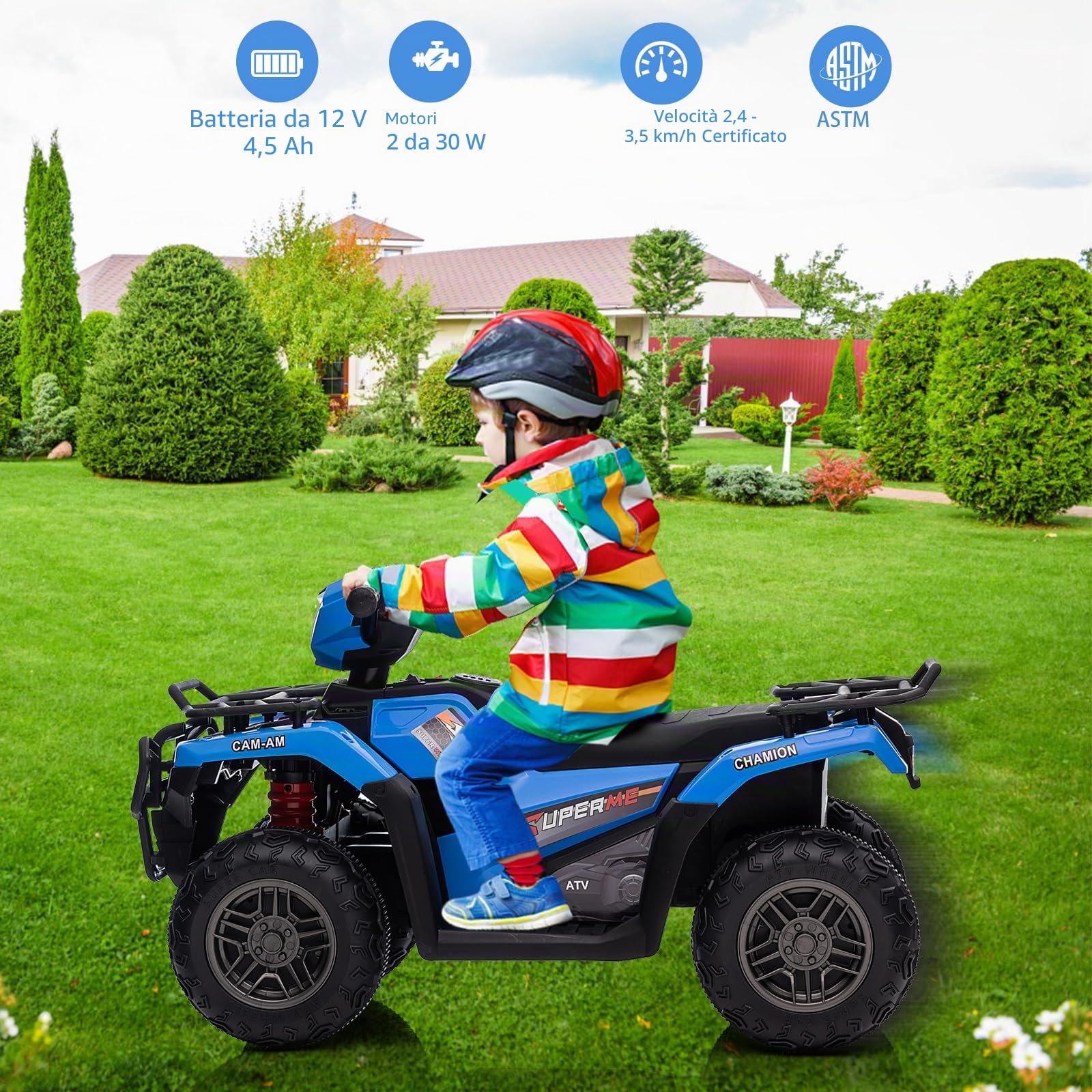 Quad elettrico per bambini 12 V 500 MA, auto elettrica per bambini 4-6 anni con fari e musica, MP3, USB, scheda TF, doppio azionamento 30 W*2, 83,5 x 53 x 30,3 cm
