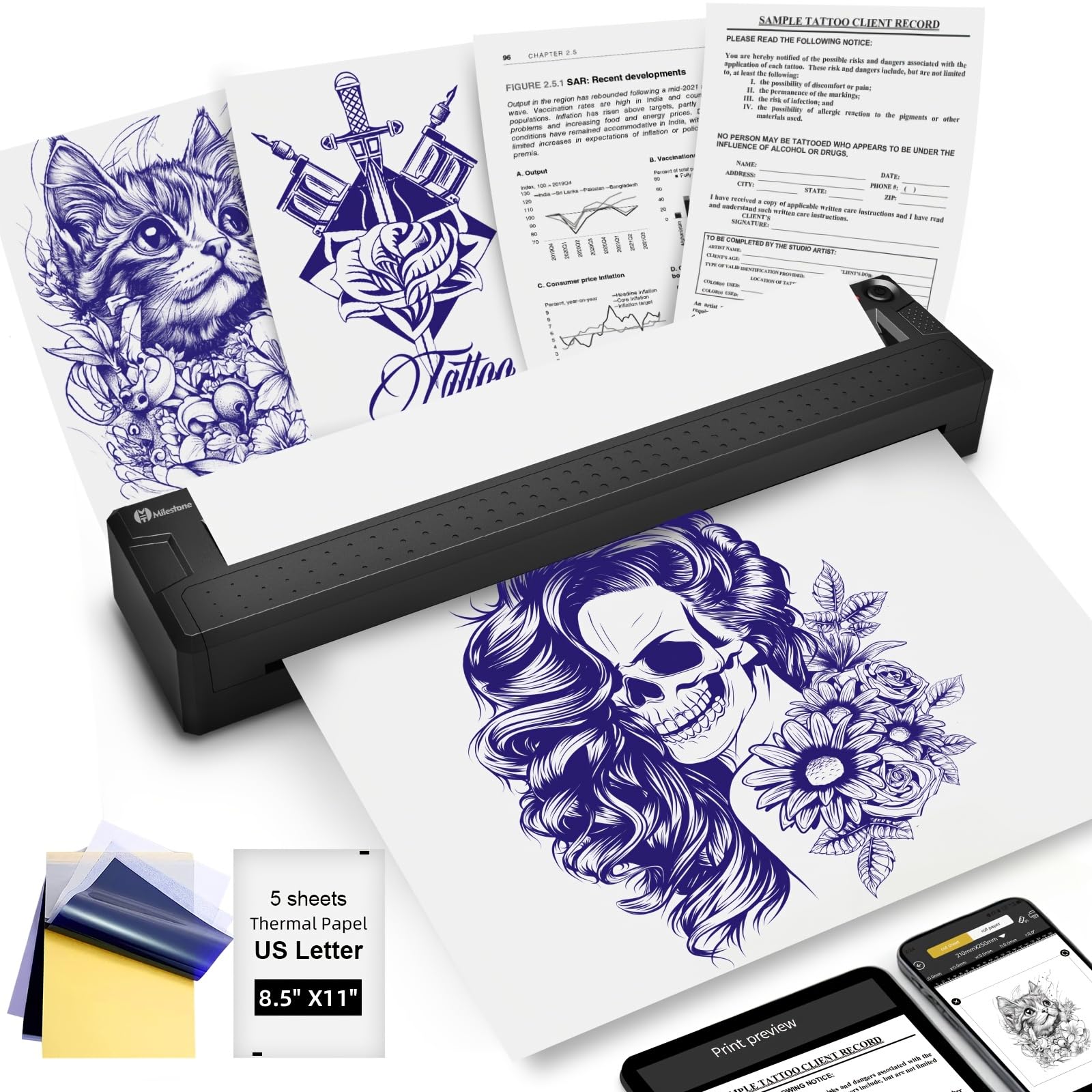 Genérico 2 in 1 Wireless Bluetooth Tattoo Stencil Printer, Portable Thermal Transfer Machine for Tattoo Stencil & Document, Compatible with iOS Android PC