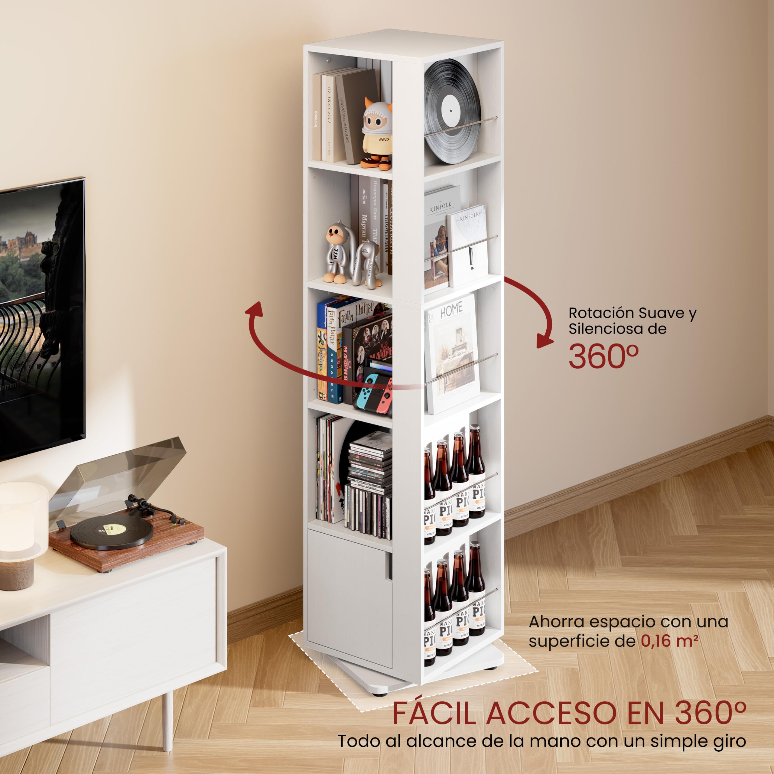 Yaheetech Estantería para Libros Giratoria de 360° de 5 Niveles Blanco | Librería Esquinera con Estante Ajustable Compartimentos Abiertos y Cerrados para Espacios Reducidos