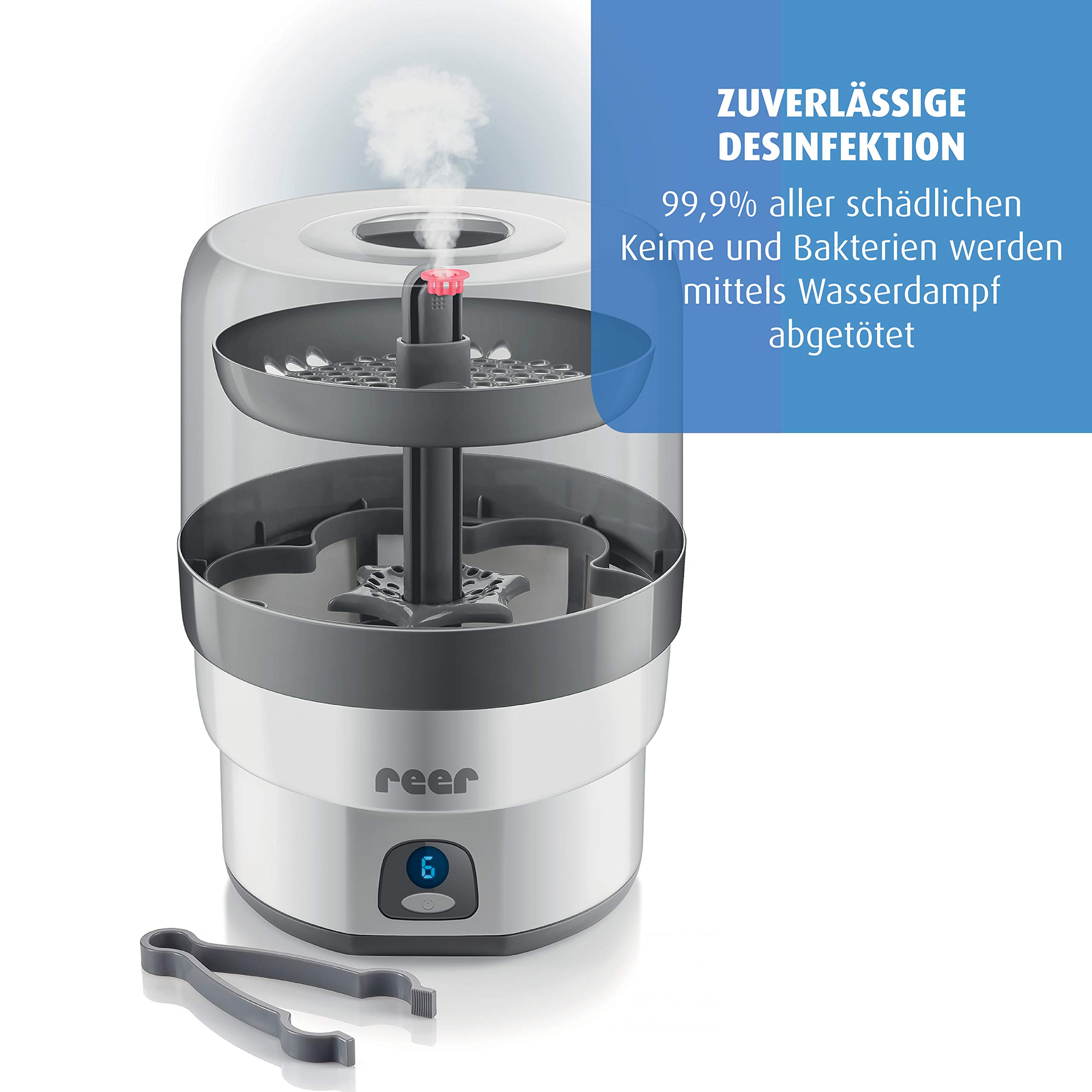 Reer VapoMax großer Vaporisator, Platz für 6 Fläschchen und Zubehör & Babykostwärmer Simply Hot für Fläschchen und Gläschen, mit Warmhaltefunktion, Weiß/Grau, 1 Stück (1er Pack)