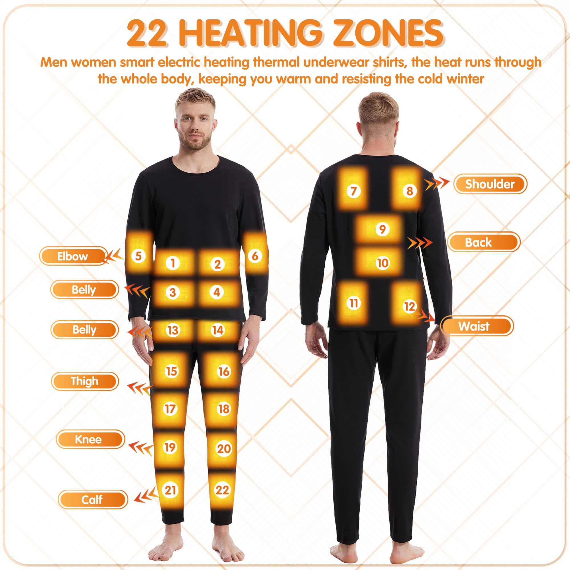 Hombres Calentado Ropa Interior Térmica Caza Caliente Larga Johns Conjunto con 22 Zonas De Calefacción Eléctrica Camisa Y Pantalones