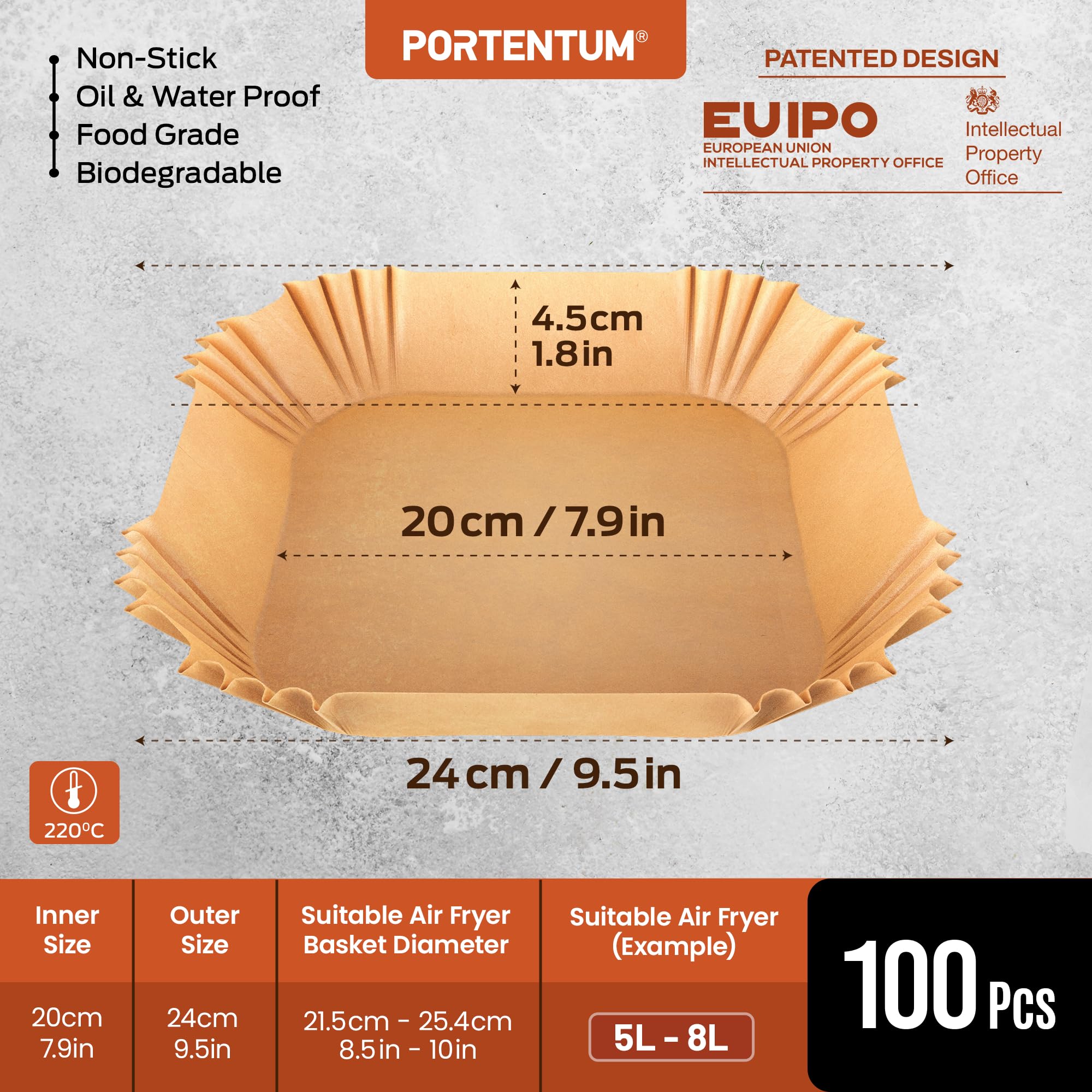 Portentum Square Papier do Frytownic Bezolejowych, Brązowy, 100 Sztuk