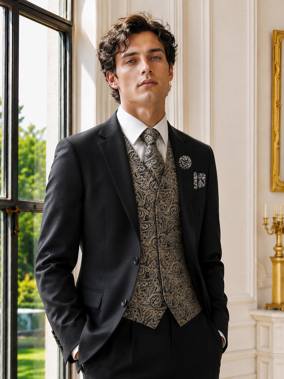 Coucoland Formal Mens Jacquard Suit Vest Set Silk Paisley Dress