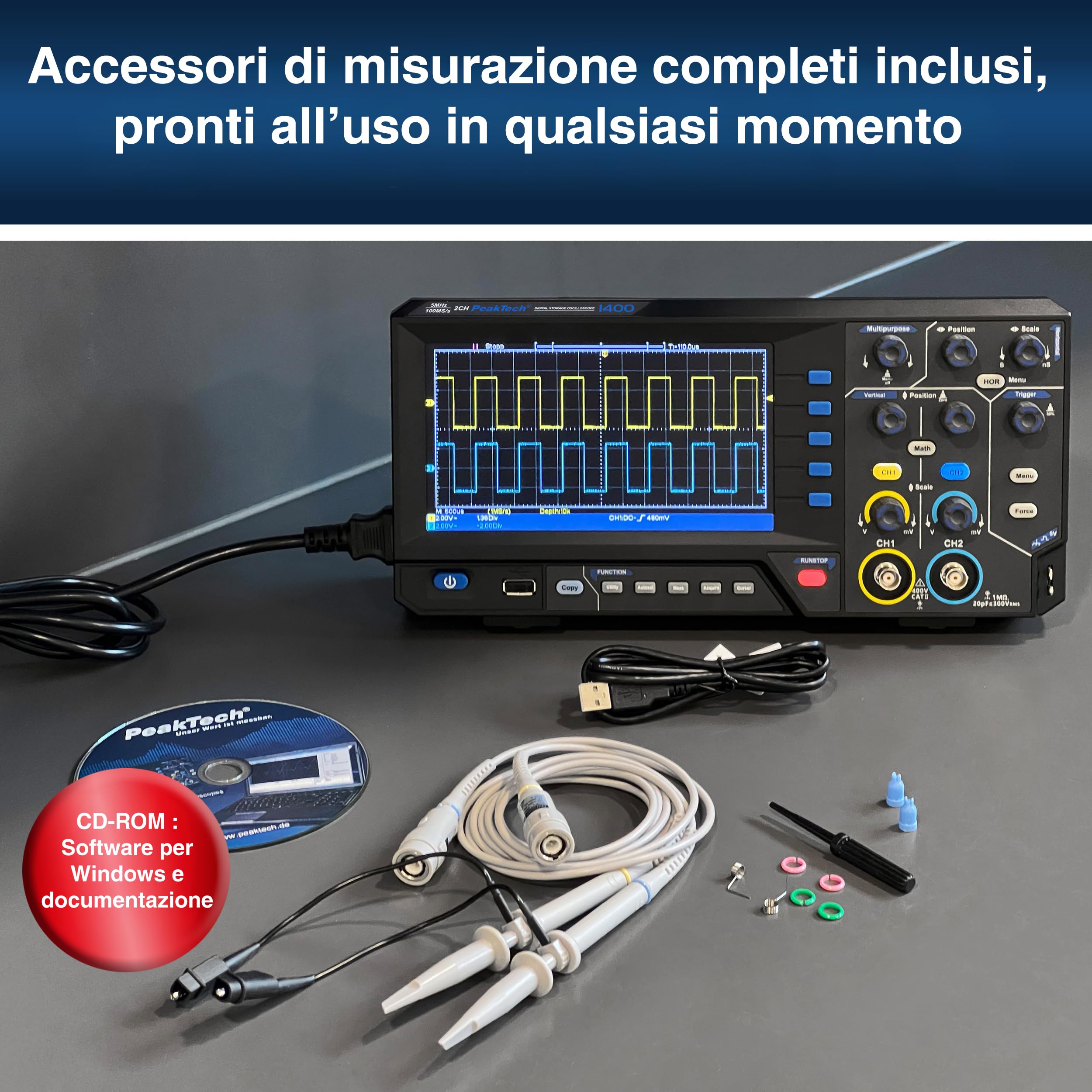 PeakTech 1404 - Oscilloscopio digitale a 2 canali [3 anni di garanzia] 100 MHz, 1GS/s, interfaccia USB, software per PC, oscilloscopio P 1404, nero, oscilloscopio USB, oscilloscopio multimetro