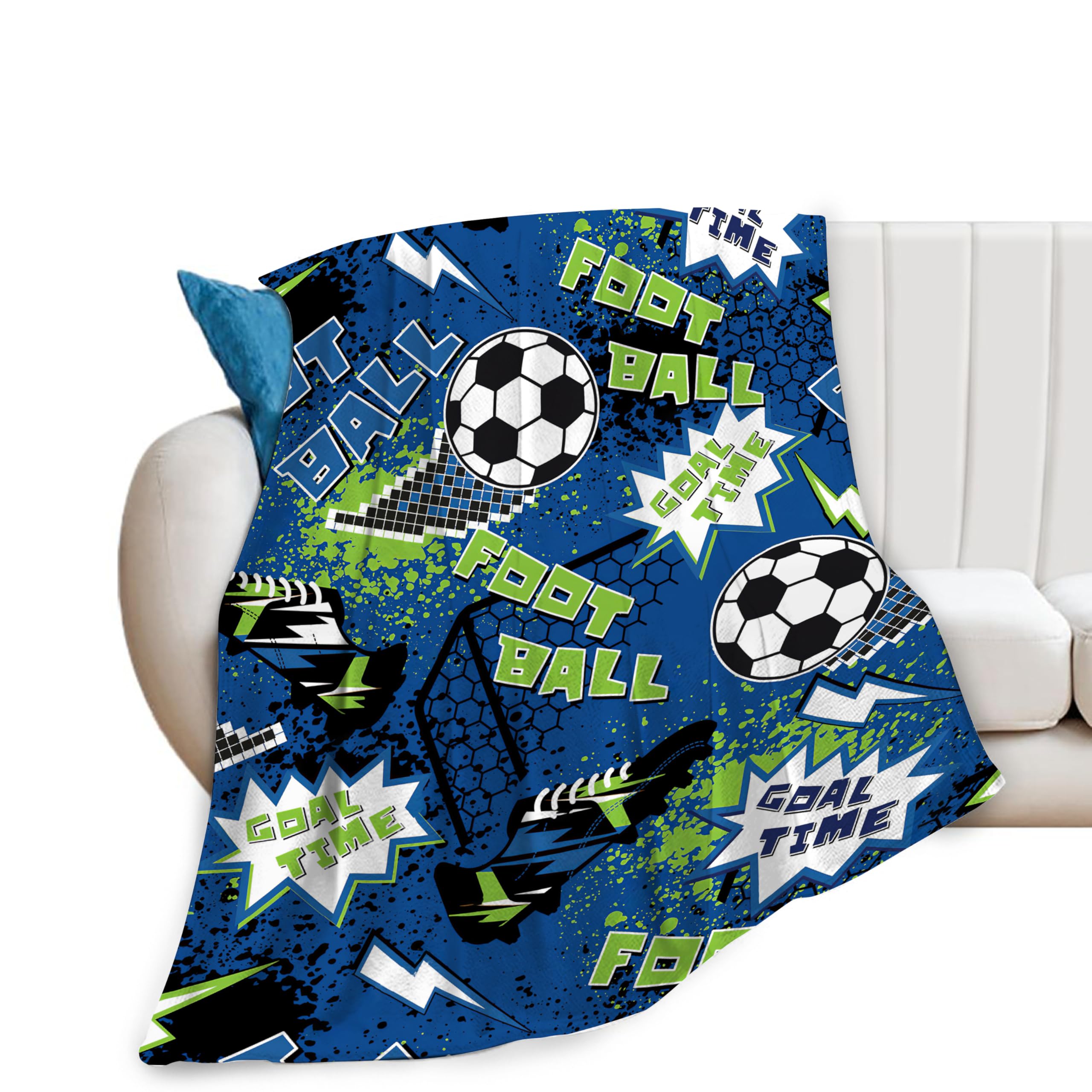 Banonaty Boys Blue Soccer Blanket Sports Throw Blanket Cozy Fleece Flannel Plush Bedding Soccer Gifts Stuff For Girls Men Women For Couch Sofa Bed Decor 40"X50"