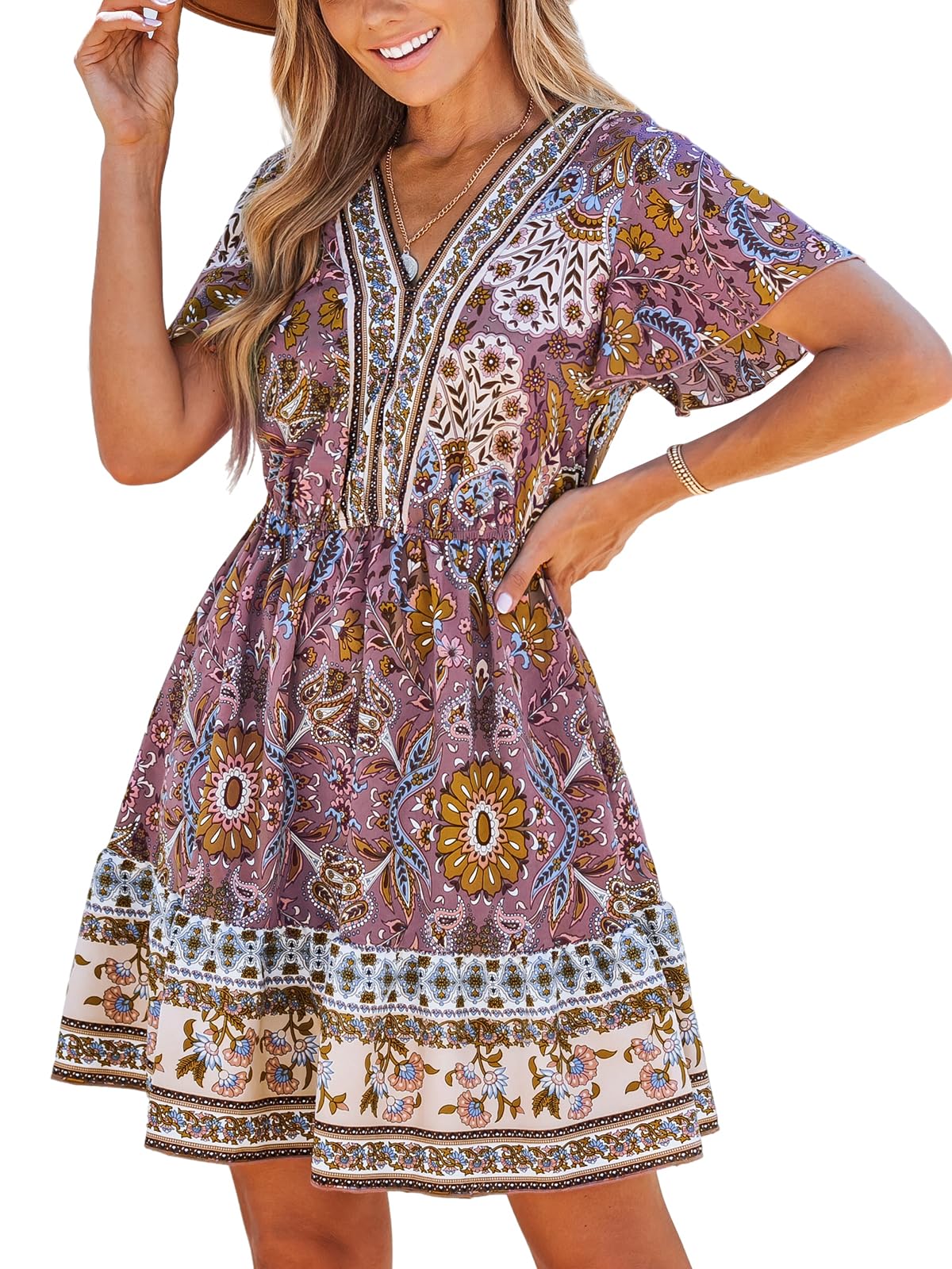 CUPSHEWomen's V Neck Floral Paisley Print Short Sleeve Bohemia Mini Dress Casual A Line Summer Short Dress