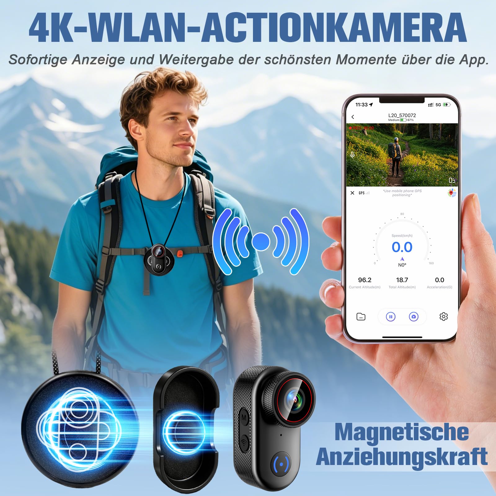 Action Kamera Wifi 4K, Magnetische Mini Action Kamera mit 1,47 Zoll Display | 16G WiFi Action Cam, Tragbare Wearable Pov Kamera, Mini Body Kamera Für Vlogging, Reisen Und Sport Kamera