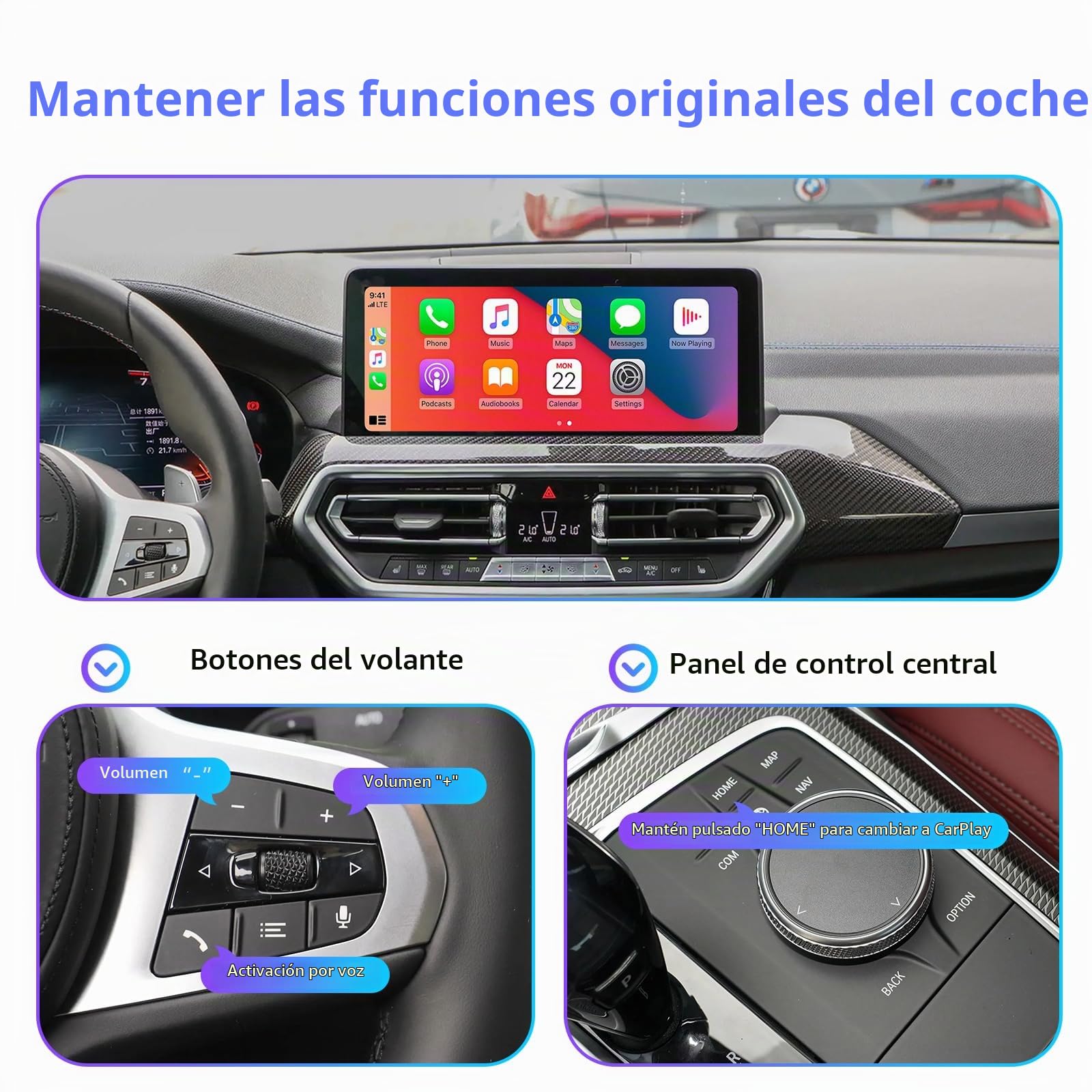 Kit de decodificador inalámbrico CarPlay y Android Auto para BMW EVO 2016+ | Plug & Play Adaptador inalámbrico CarPlay para BMW sistema EVO MGU ID5 ID6 ID7 con SWC WIFI Bluetooth Siri Navegación GPS