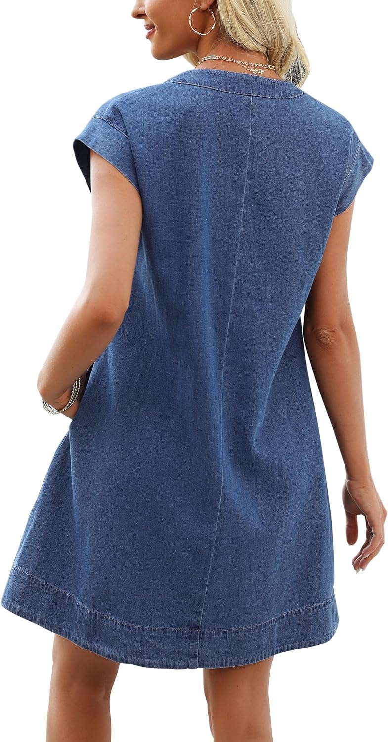 Denim Dress for Women,V Neck Jean Dresses Short Sleeves Denim Romper Dress with Pockets - Image 3