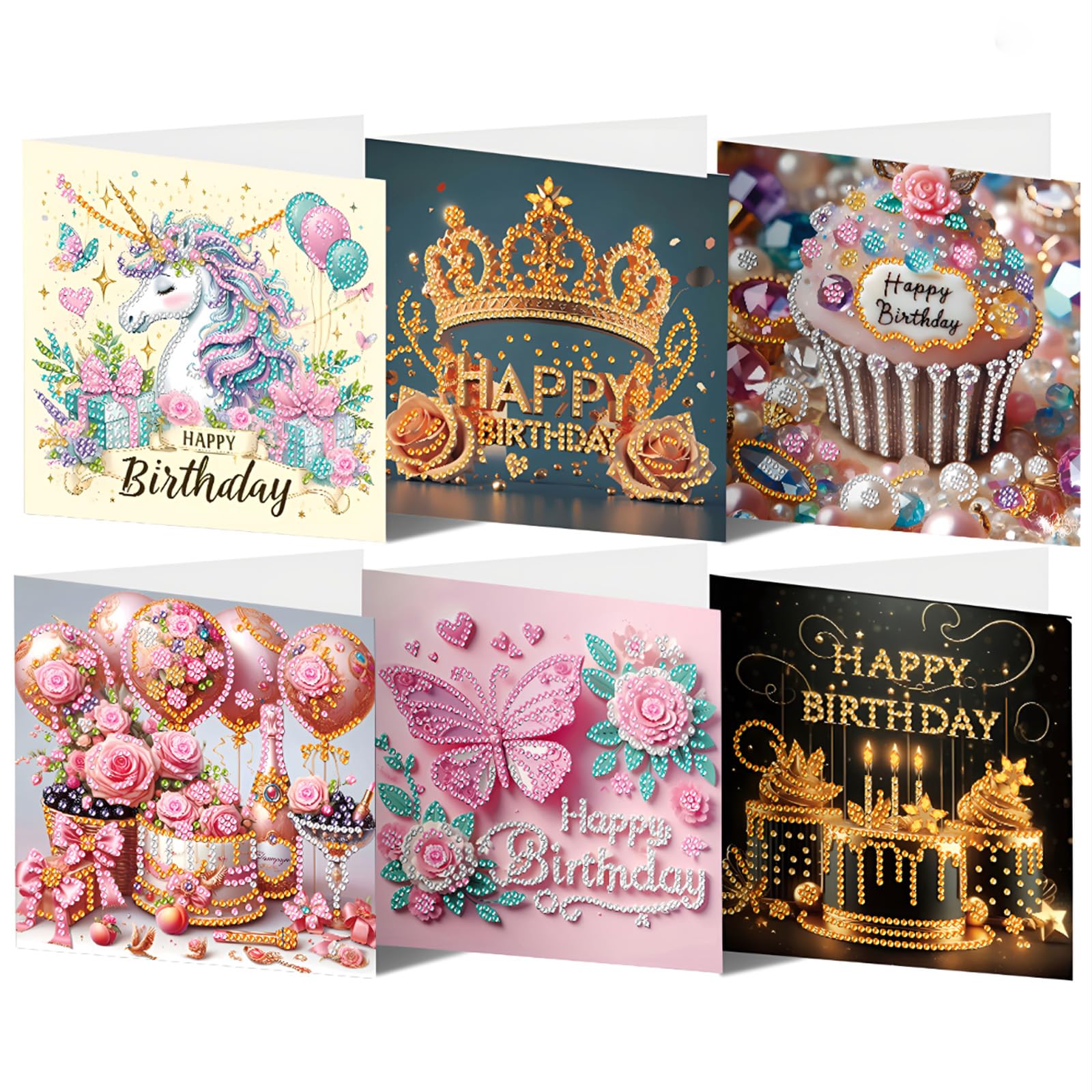 CAYUDEN Diamond Painting Birthday Cards, 6 Packs Crown Happy Birthday Diamond Painting Cards DIY Handmade Diamond Painting Greeting Card with Envelope Gem Art Birthday Cards for Friends,Family,Lovers