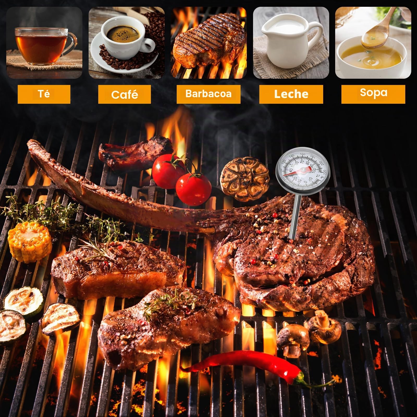 Termómetro analógico para carne de 120 cm, de acero inoxidable con sonda larga y clip, para leche Barista, asar, cocina, líquidos