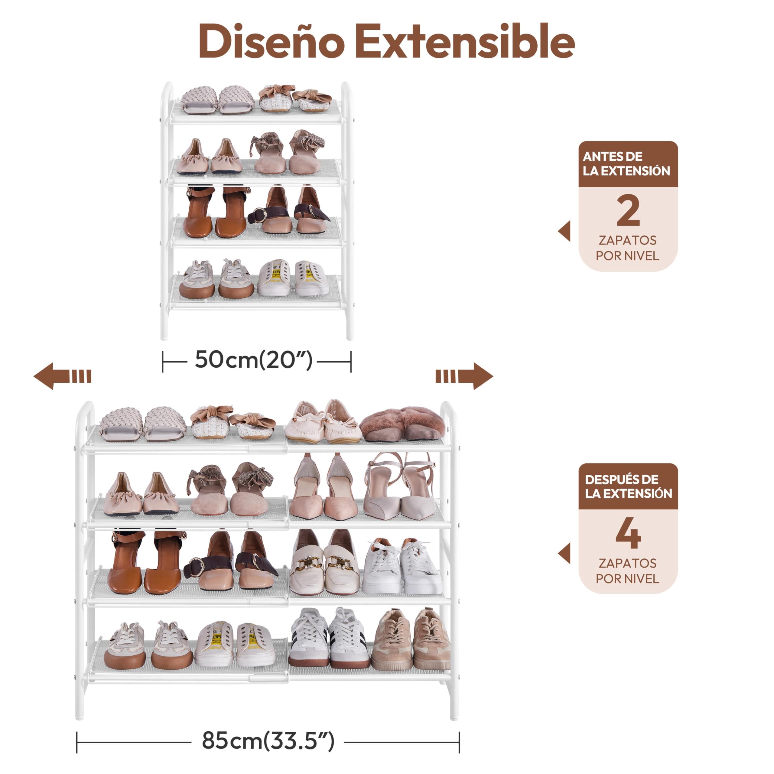 Yaheetech Zapatero Extensible, Estante Zapatos de Malla Metálica de 4 Niveles, Organizador de Zapatos para Entrada, Armario y Pasillo, Ajustable 50-84,5 cm, Capacidad para 15-20 Pares (Blanco)