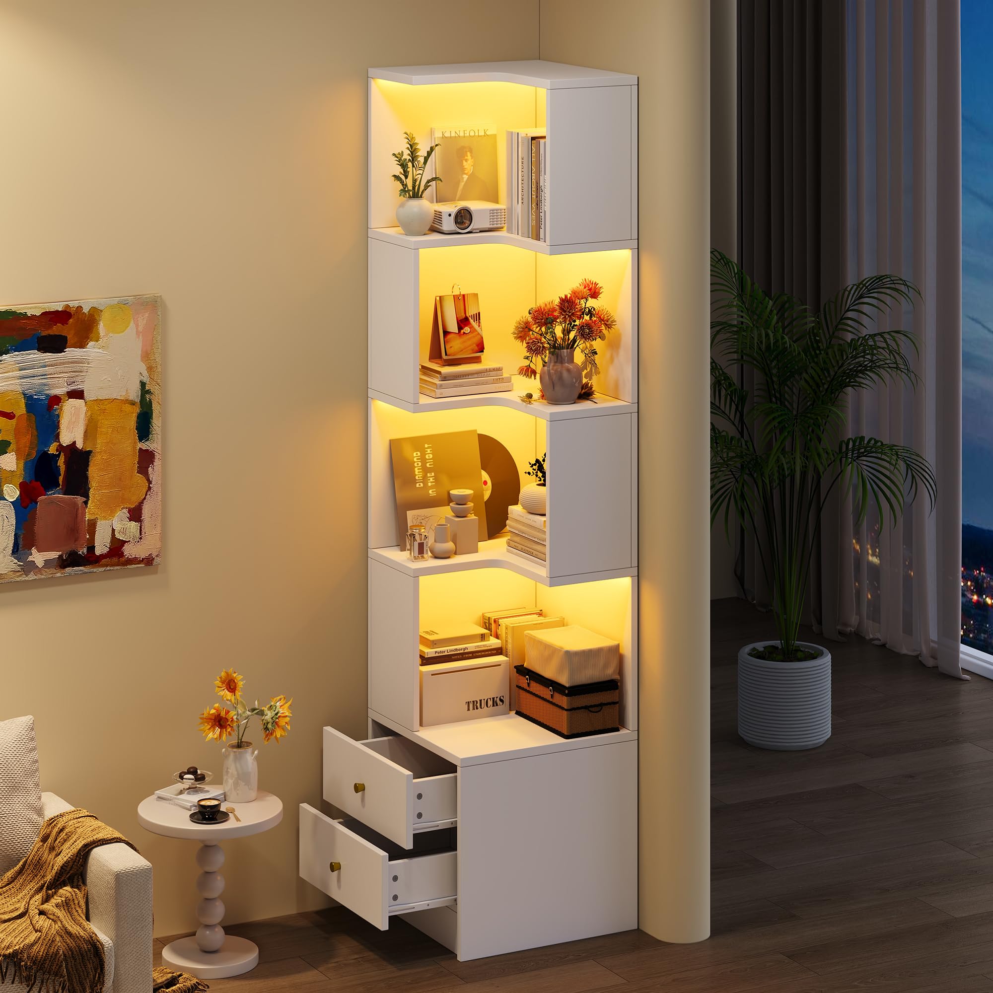 Scaffale angolare per soggiorno, 180 cm, moderna libreria angolare con illuminazione a LED, scomparti aperti e 2 cassetti, per soggiorno, camera da letto e corridoio (bianco)