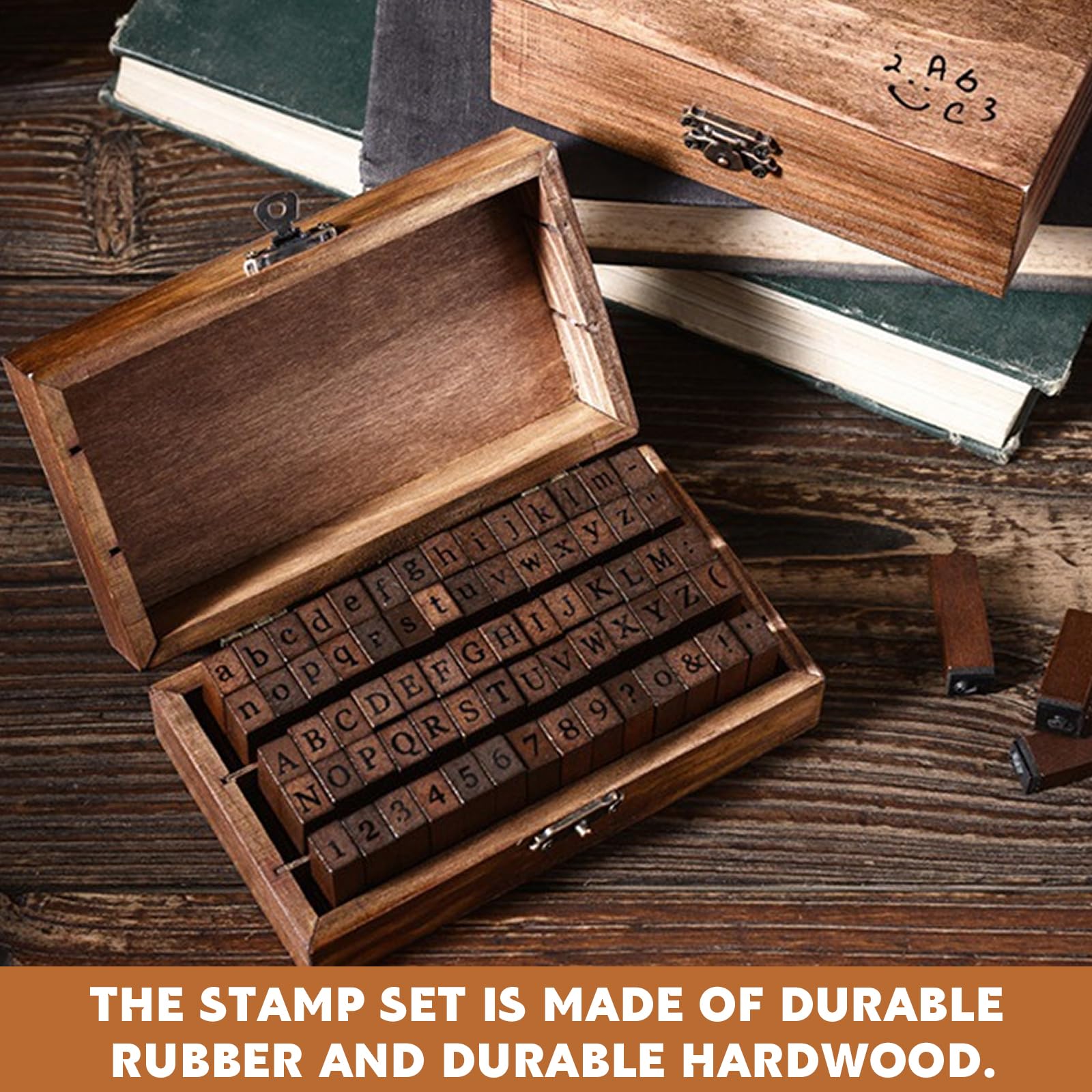 70 piezas Juego de Sellos de Madera y Goma,Sellos de Alfabeto Sellos de Letras Multiusos con Caja de Madera para Manualidades, Tarjetas, Álbum Recorte, Decorar