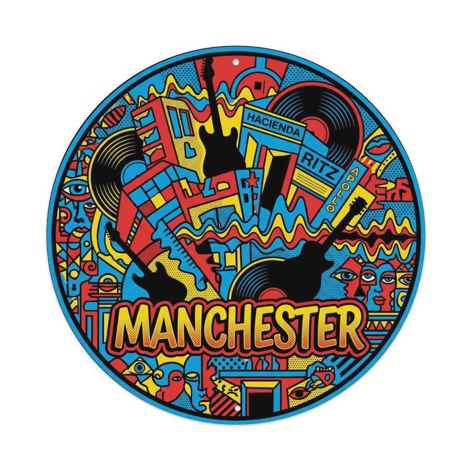 Manchester Music Pop Cityscape Vintage Travel Culture Metal Tin Sign Plaque Wall Decor for Cafe, Man Cave, Club Bar, Office, Home Garden Round Metal Poster 8x8Inch