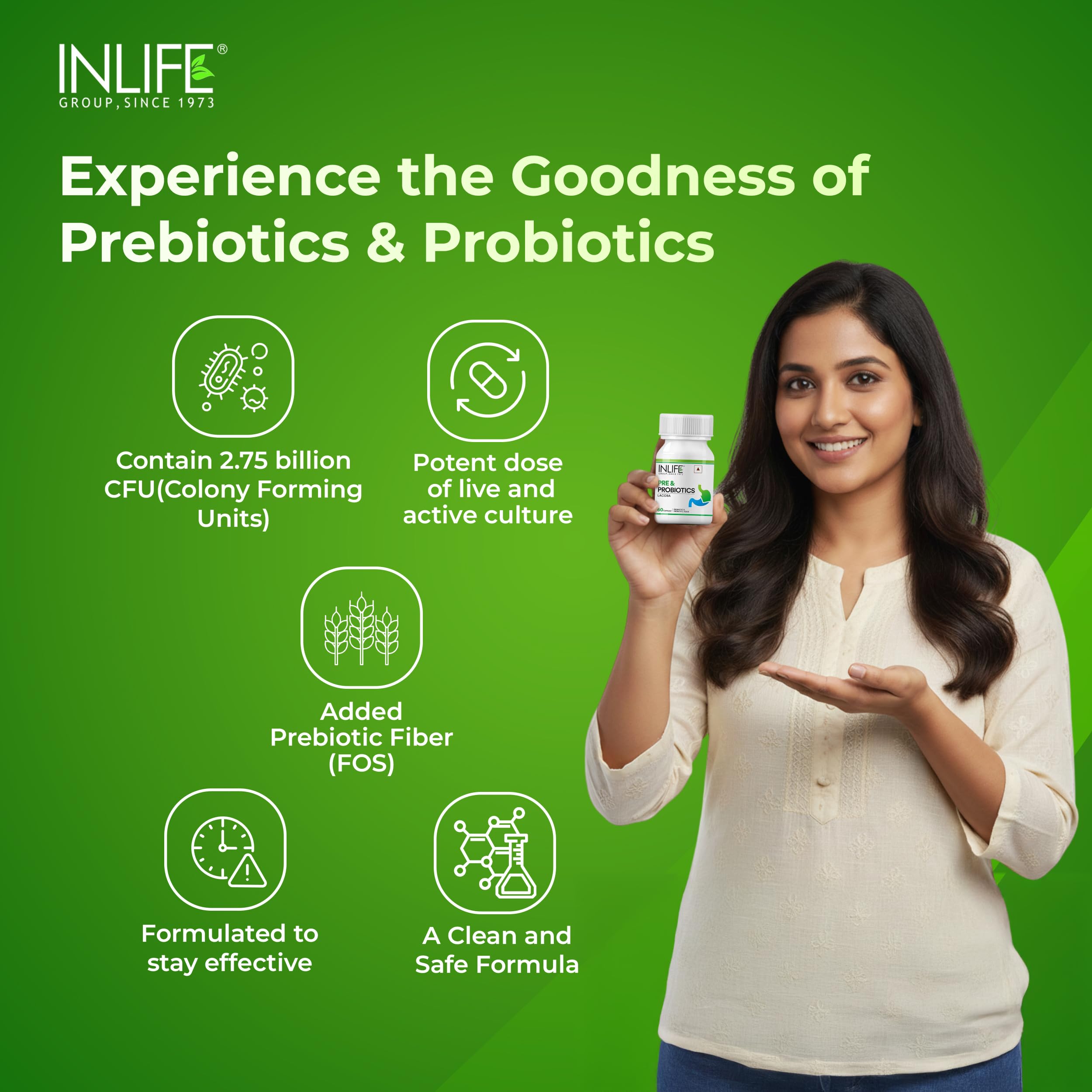 INLIFE Prebiotic Probiotic Supplement, 6 Strains, Gut Health, 60 Capsules 2