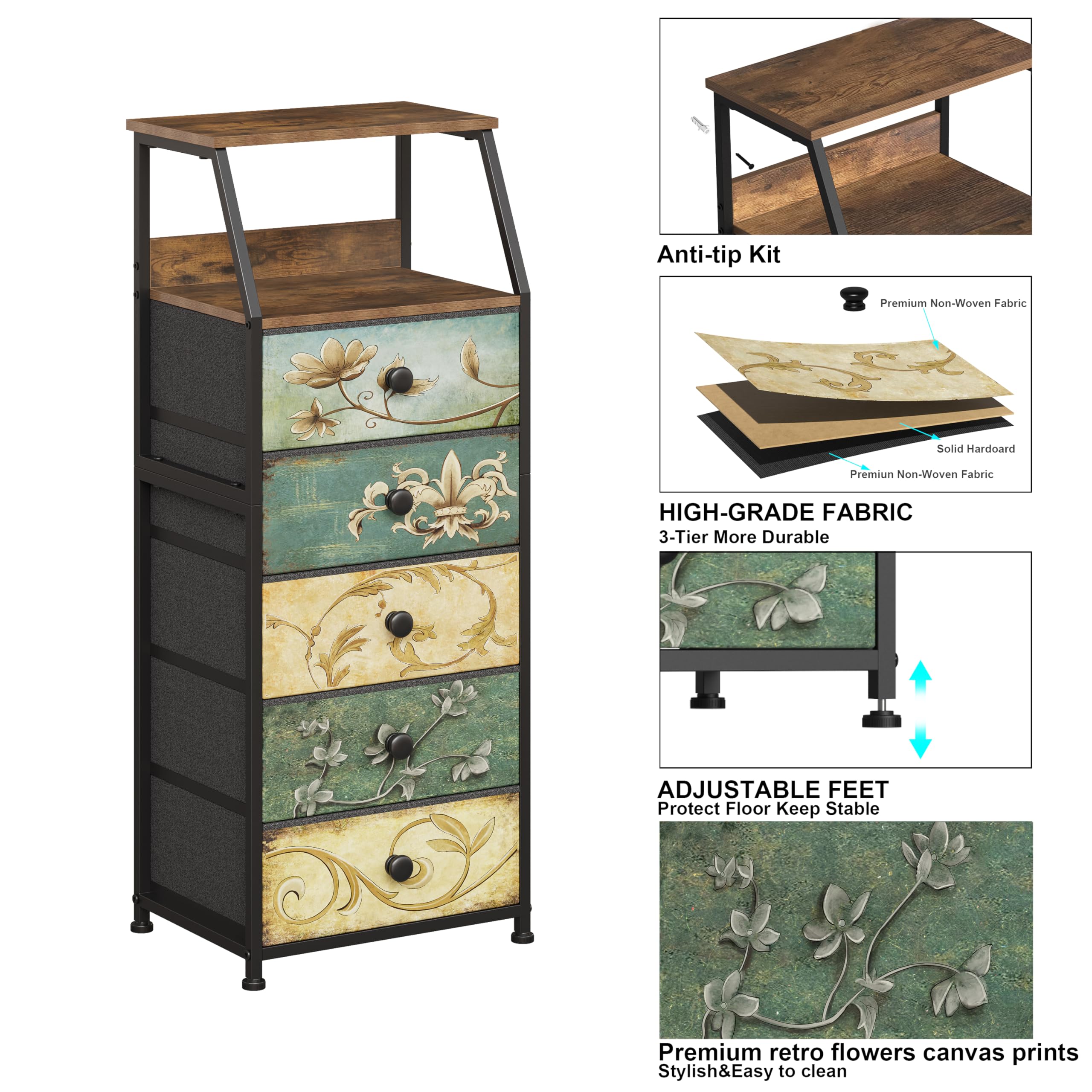 VEDECASA Commode à 5 tiroirs en tissu Armoire commode avec étagère ouverte Coiffeuse bohème Armoire de rangement Table de chevet Table d'appoint pour chambre salon