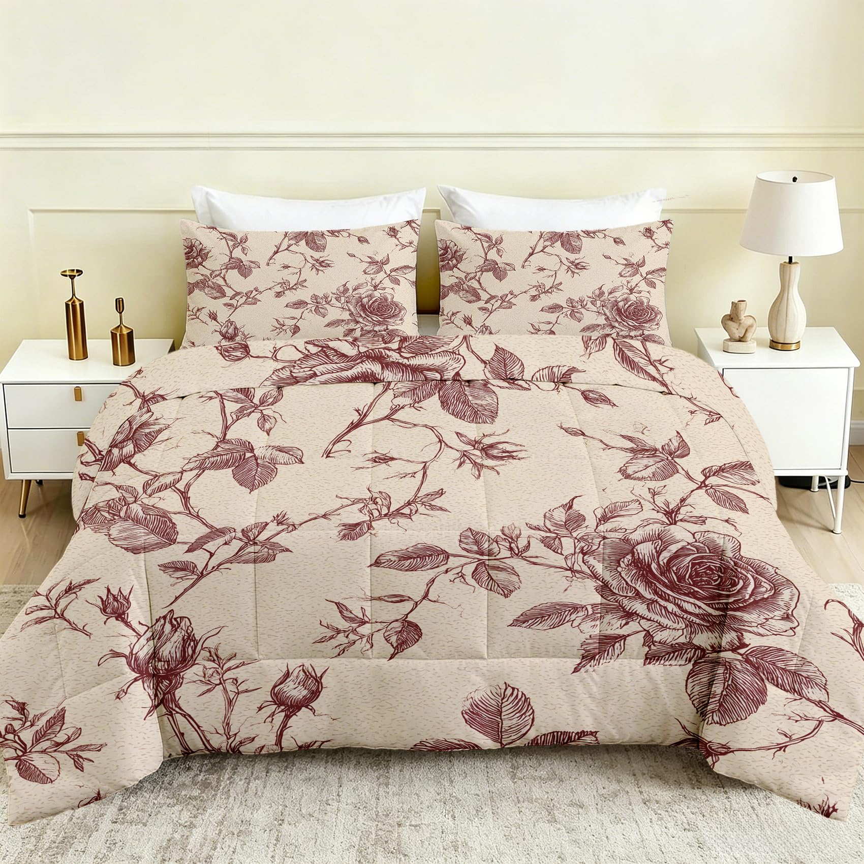 Floral Summer Duvet King Size 4.5 Tog, Burgundy Rose Coverless Quilt, Vintage French Country Print Lightweight & Breathable Comforter 230x220 with 2 Pillowcases, Machine Washable, zT120-S