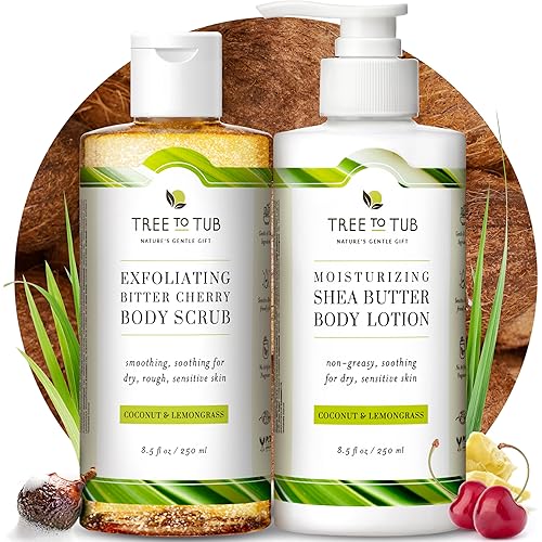 Tree to Tub Exfoliating Body Wash & Lotion Set - Gentle Body Scrub for Sensitive Skin w/Bitter Cherry + Cocoa Butter Lotion for Extremely Dry Skin w/Organic Shea Butter - Soft & Radiant Skin Set