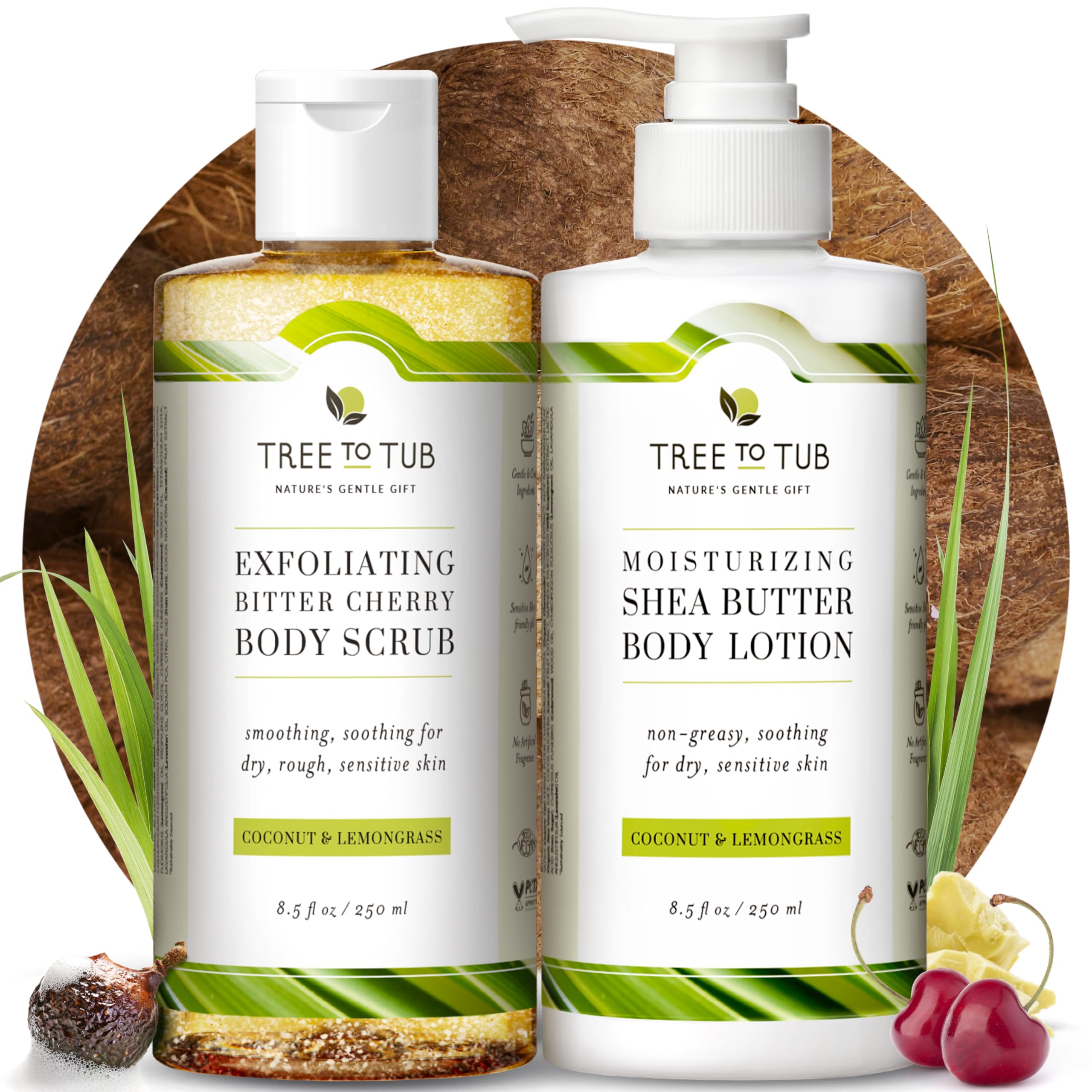 Tree To Tub Bitter Cherry Coconut Exfoliating Body Wash - Gentle Exfoliating Body Scrub for Sensitive Skin - Skin Exfoliator for Body for Women & Men w/Natural Soapberry, Natural Cherry, Organic Rice