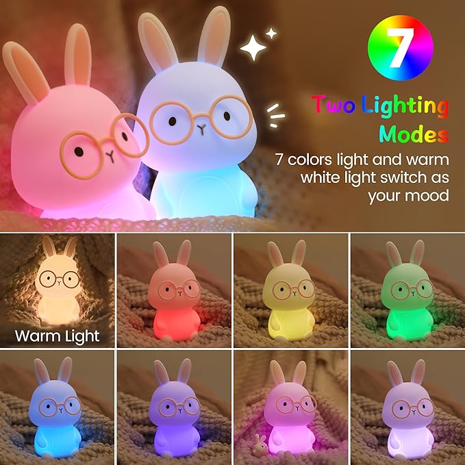 FAMIDUO Bunny Night Light, Rabbit Lamp for Kids, Rechargeable LED Nightlight for Easter Gift,Silicone Bedside Lamp with Touch Color Changing,3 Levels Dimmable/Timmer Nursery Bedroom Light,Room Decor photo 2